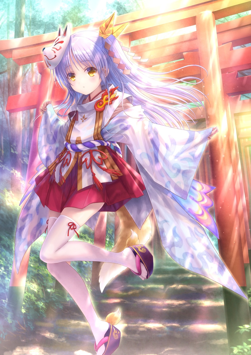 angel_beats! goto-p japanese_clothes key kitsune tachibana_kanade tail thighhighs