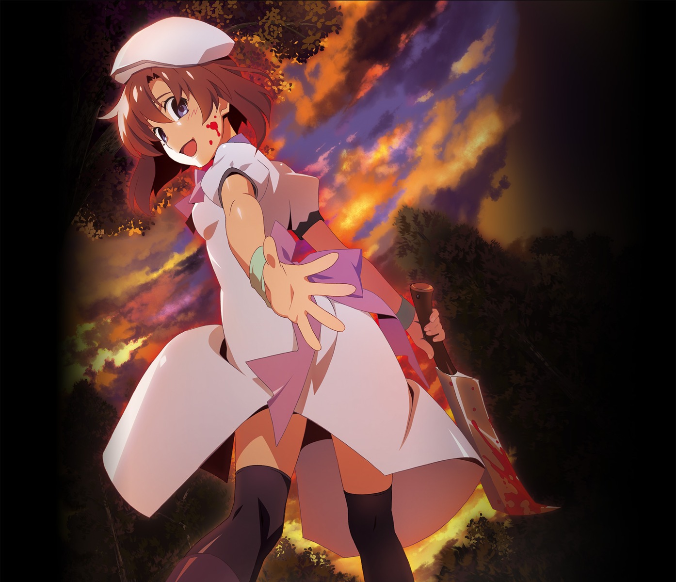 blood dress higurashi_no_naku_koro_ni ryuuguu_rena skirt_lift thighhighs watanabe_akio weapon