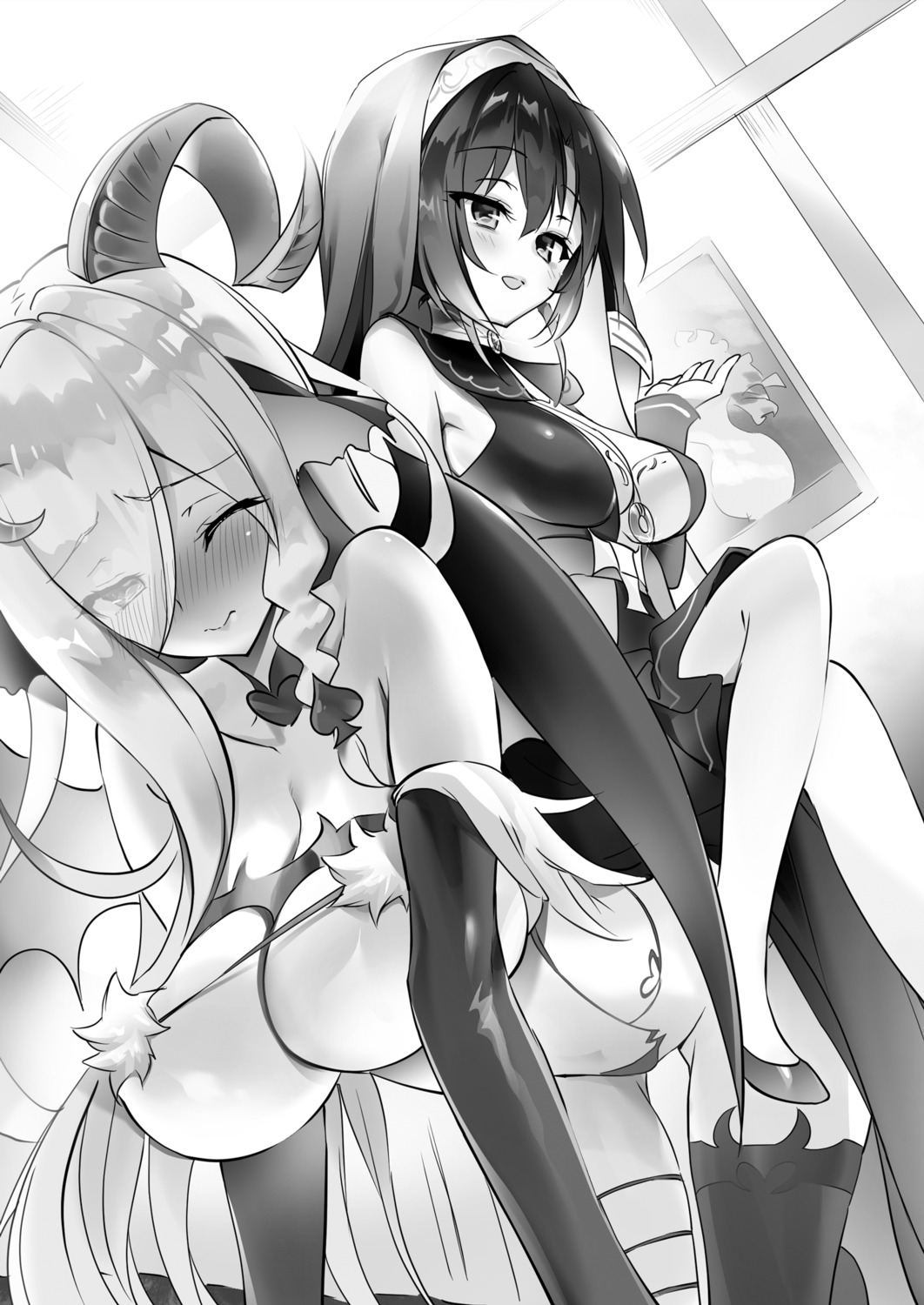 cleavage horns mataro matarou thighhighs youta zettai_ni_hatarakitakunai_dungeon_master_ga_damin_wo_musaboru_made