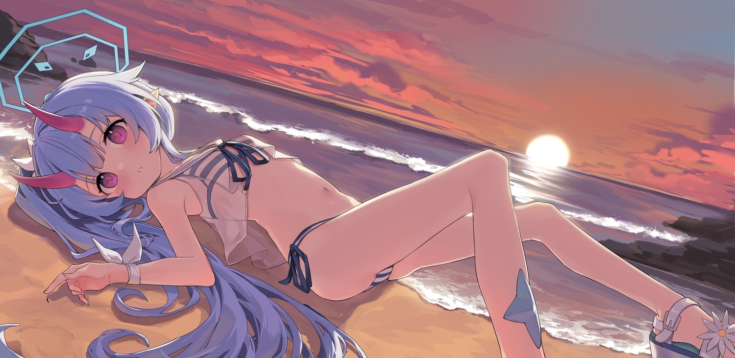 bada_(jksh5056) bikini blue_archive halo horns pointy_ears see_through swimsuits waraku_chise