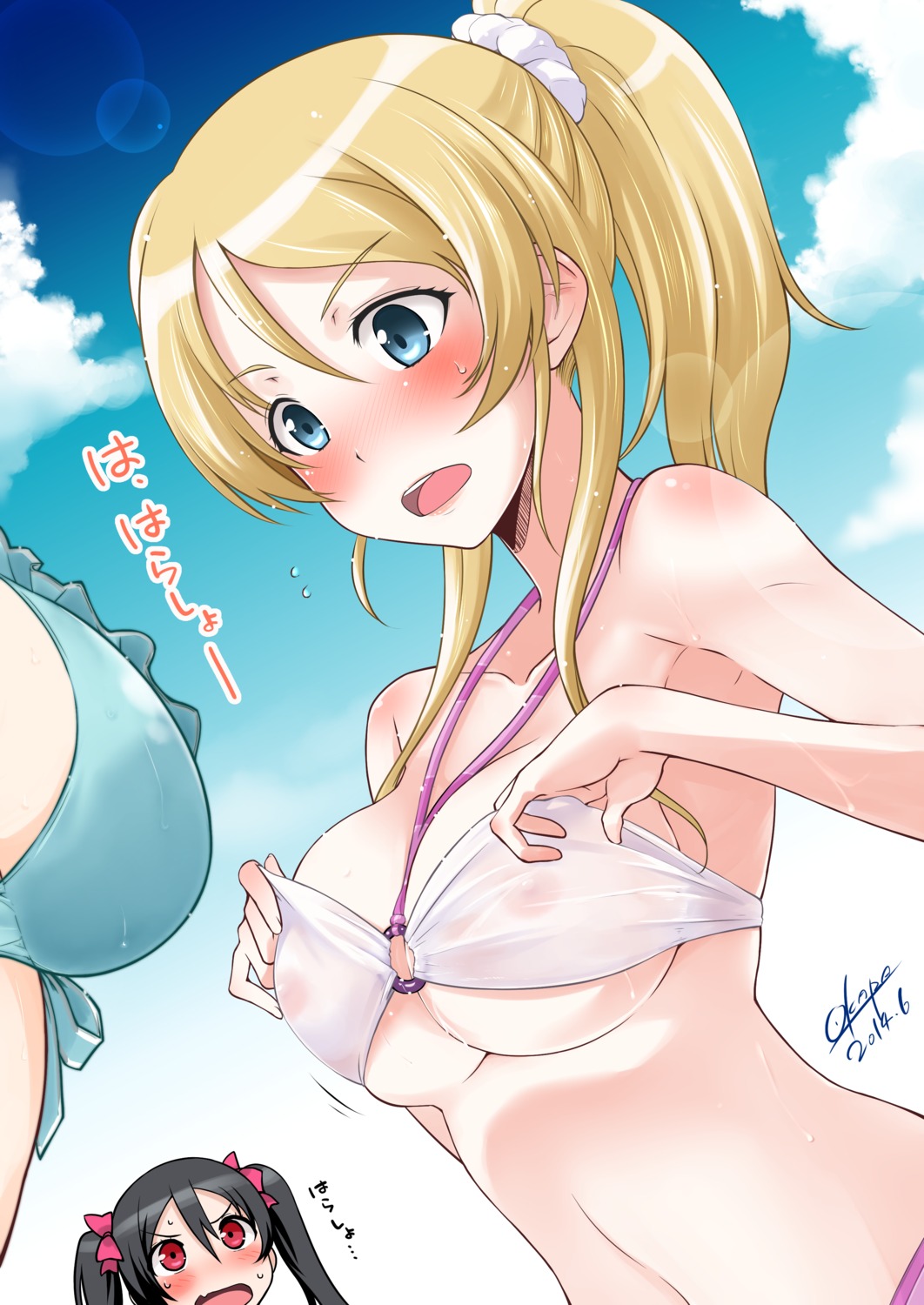 ayase_eli bikini cleavage love_live! nipples okara see_through swimsuits toujou_nozomi underboob yazawa_nico