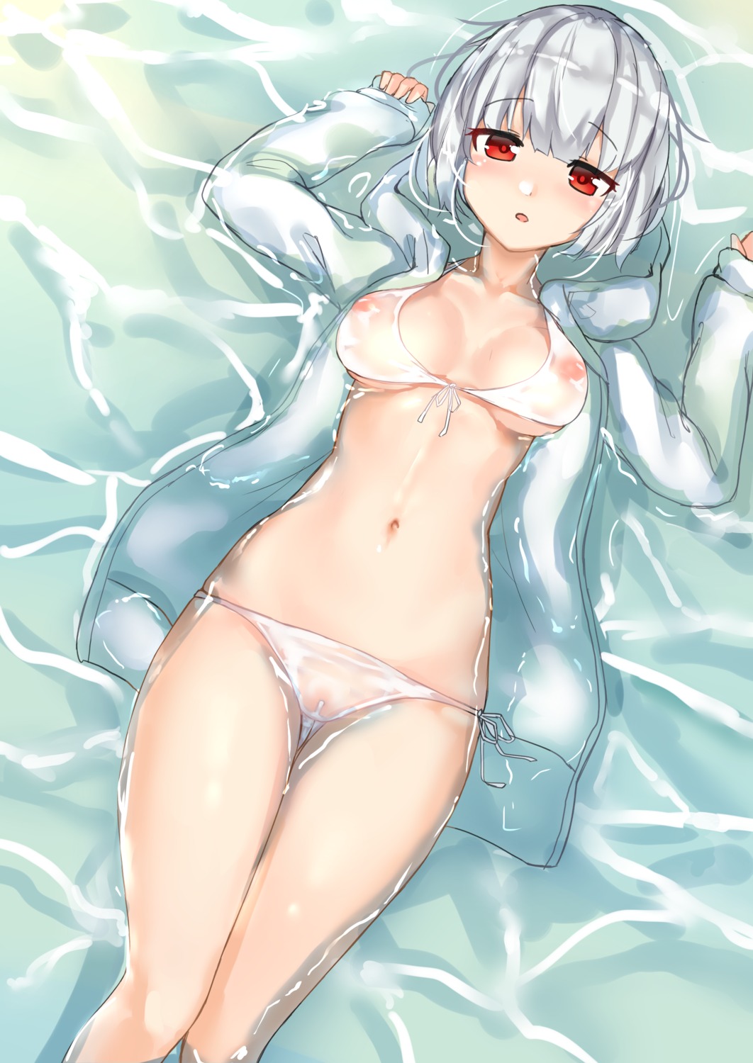 areola bikini cameltoe dress_shirt miramu_(ramu450471) open_shirt see_through swimsuits wet wet_clothes