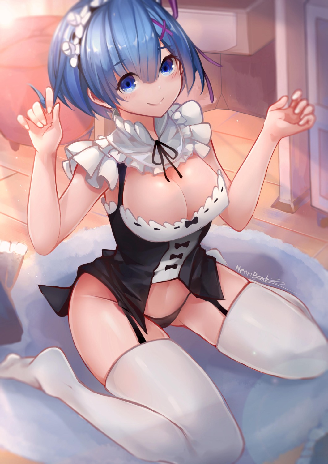 maid neonbeat no_bra pantsu re_zero_kara_hajimeru_isekai_seikatsu rem_(re_zero) stockings thighhighs