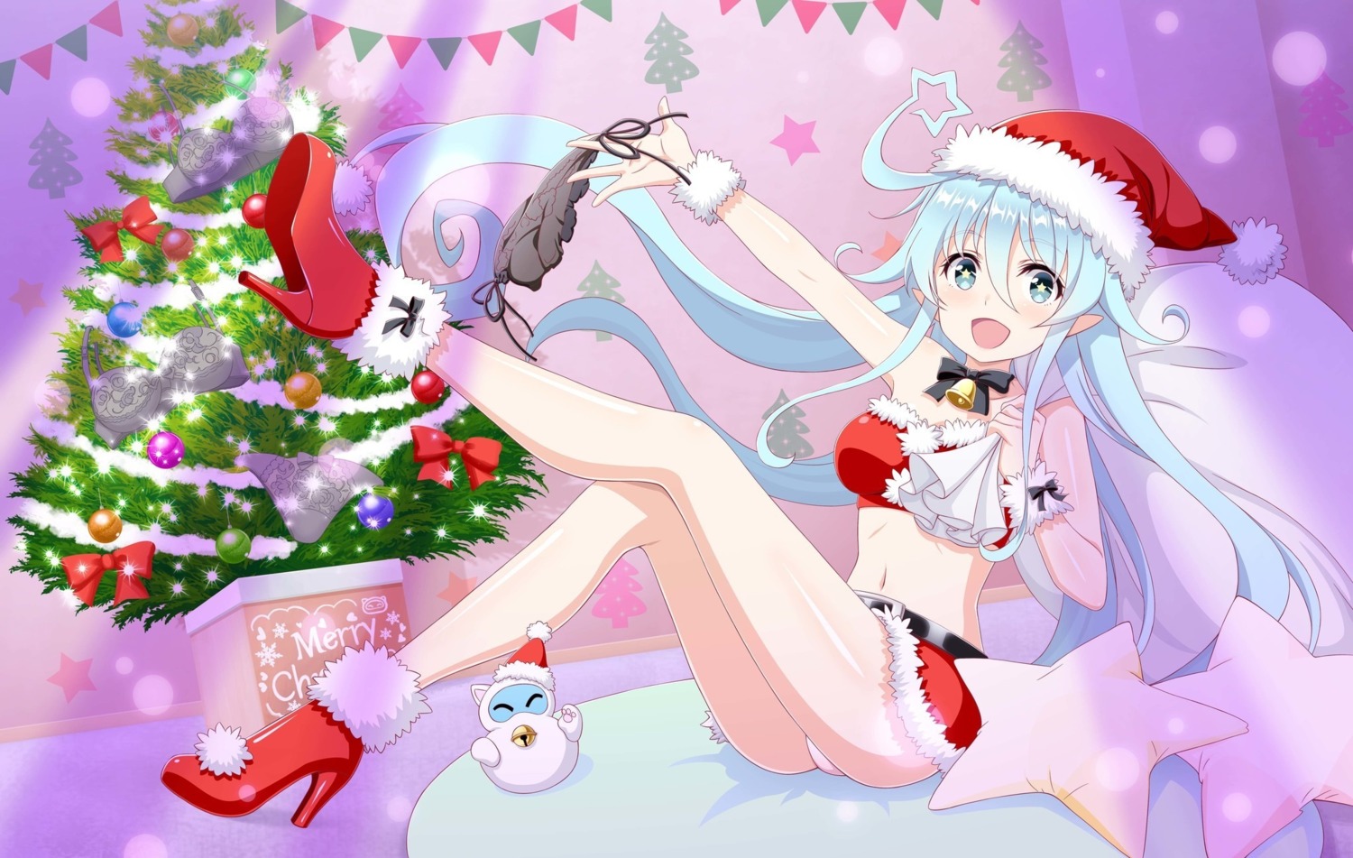 christmas heels pantsu pointy_ears skirt_lift tagme