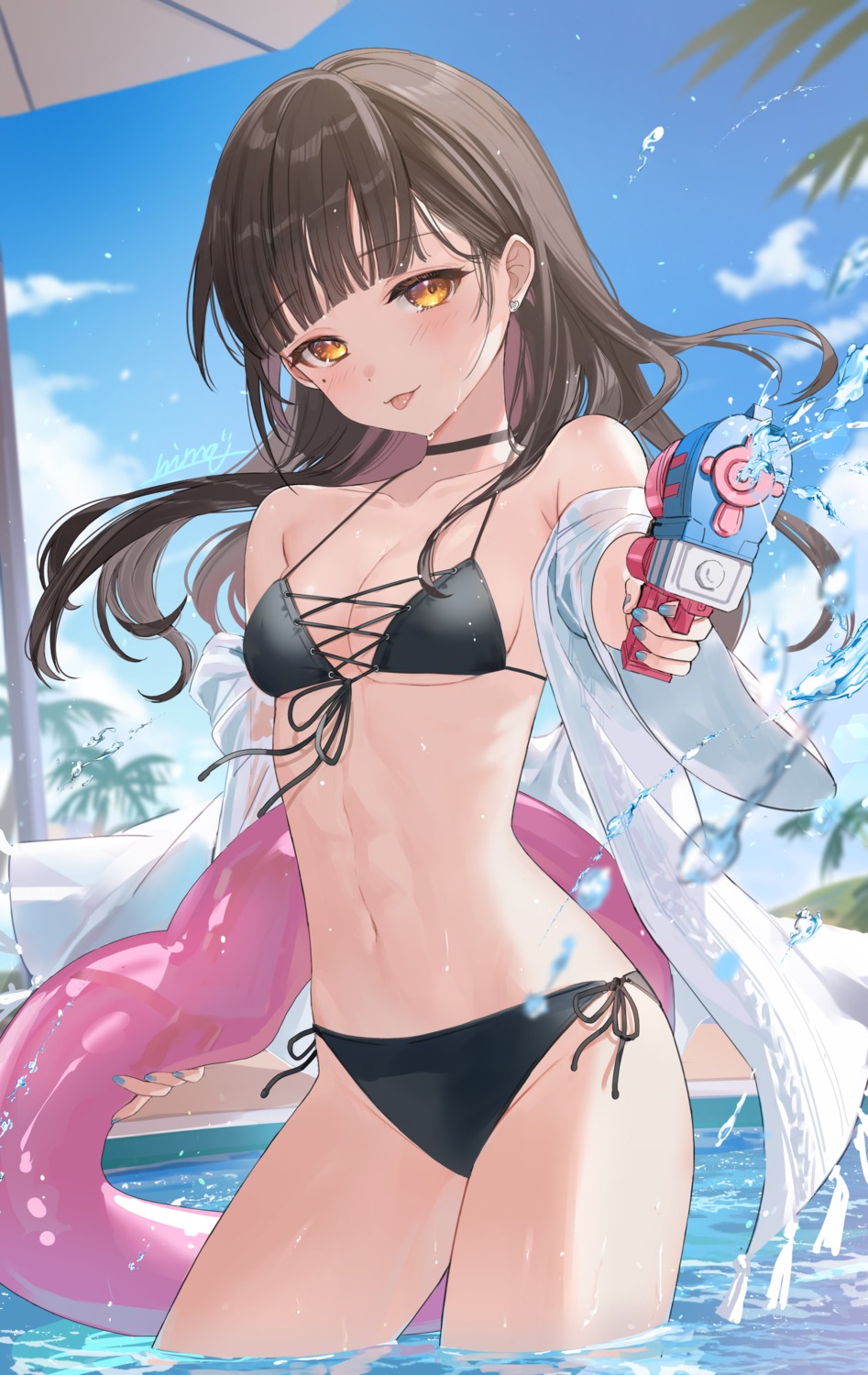 bikini gun nima_(niru54) open_shirt see_through swimsuits wet wet_clothes