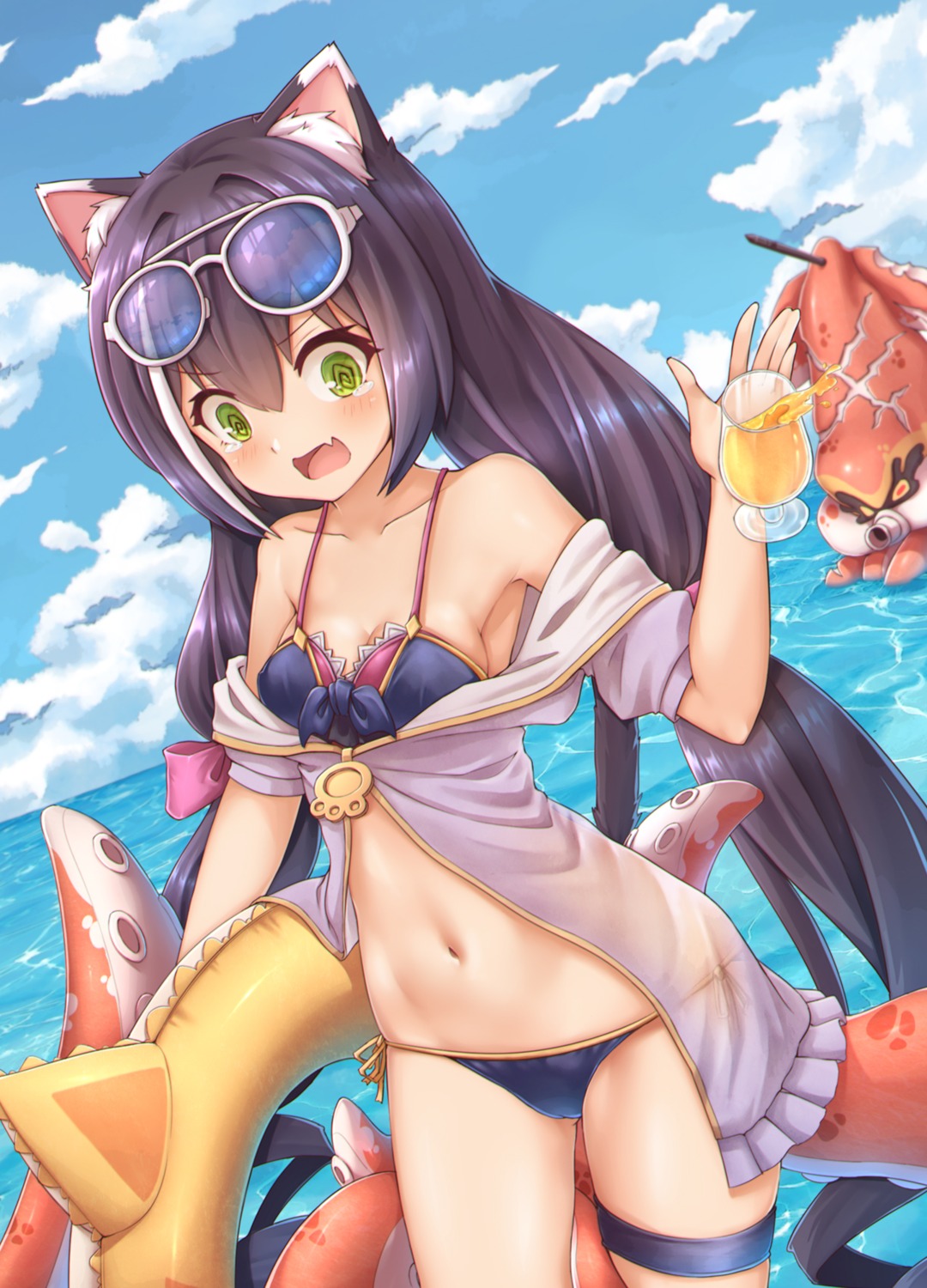 animal_ears bikini garter kaiyi karyl_(princess_connect) megane open_shirt princess_connect princess_connect!_re:dive see_through swimsuits tail tentacles