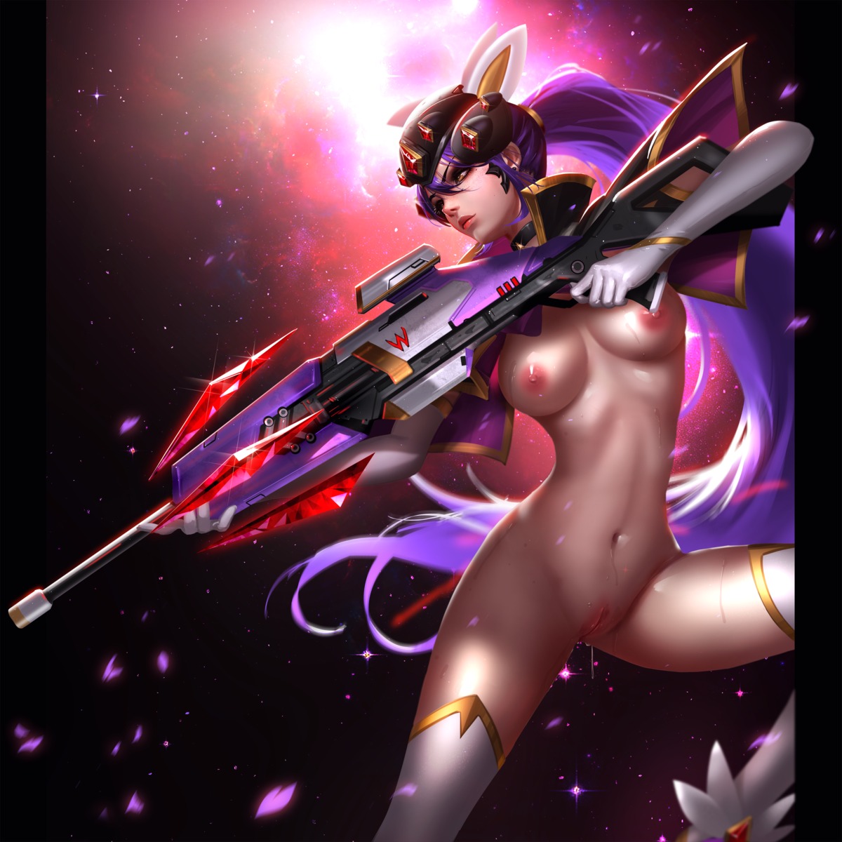 cosplay gun liang_xing naked nipples overwatch puella_magi_madoka_magica pussy pussy_juice thighhighs uncensored wet widowmaker