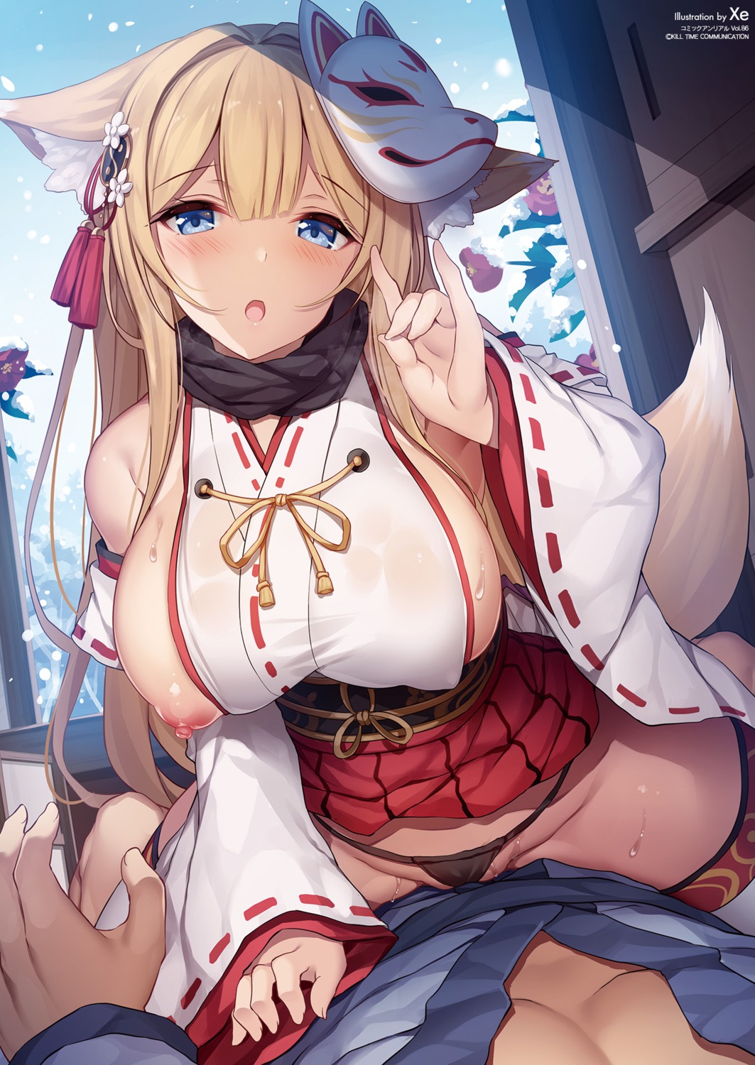 animal_ears kitsune miko nipples no_bra pantsu see_through tail thighhighs thong xe