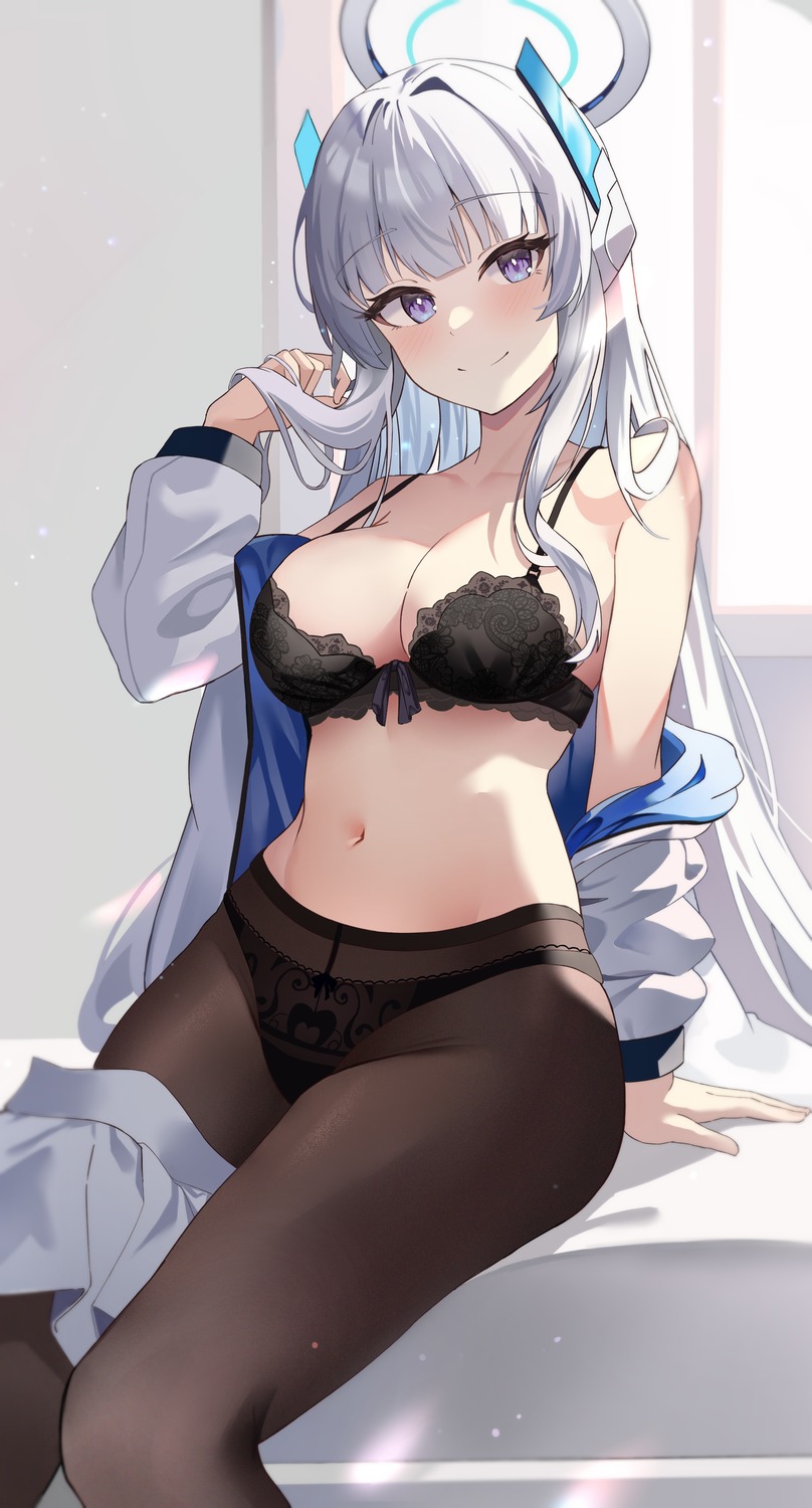 blue_archive bra halo jbell open_shirt pantsu pantyhose see_through ushio_noa wardrobe_malfunction