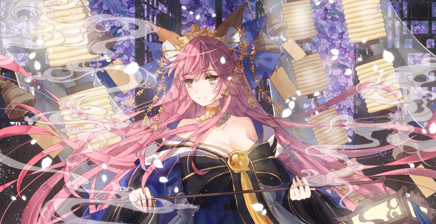 animal_ears fate/grand_order japanese_clothes no_bra open_shirt tamamo_no_mae teatix