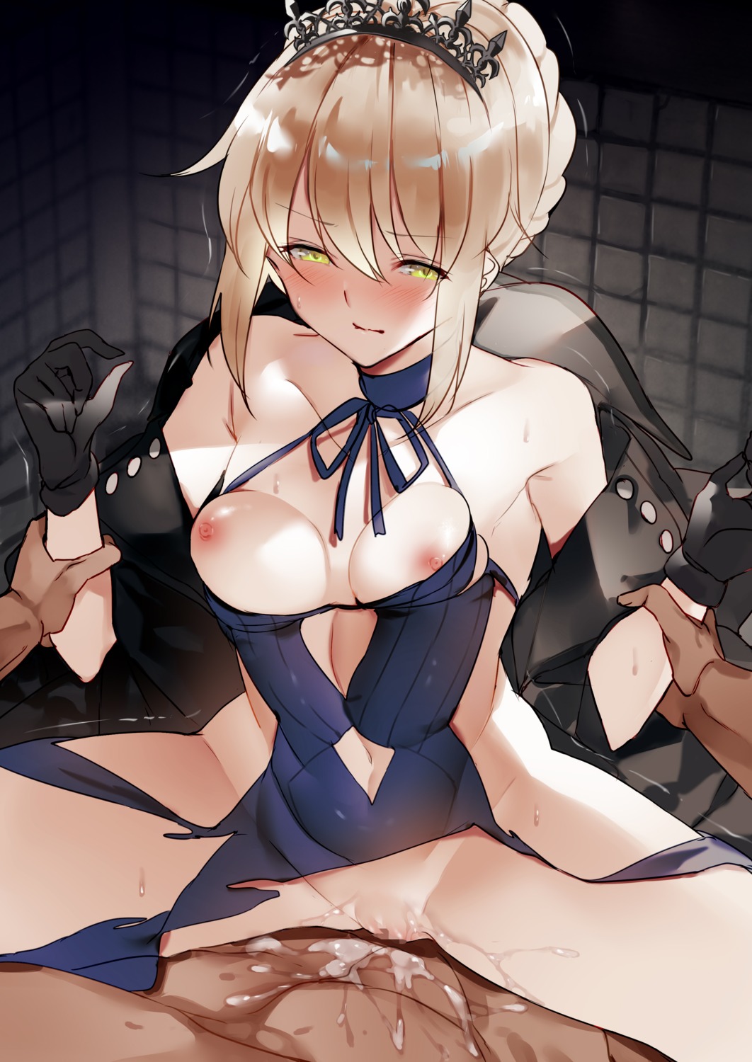 breasts censored cum dress fate/grand_order ken_(coffee_michikusa) nipples no_bra nopan pussy saber saber_alter sex torn_clothes wardrobe_malfunction