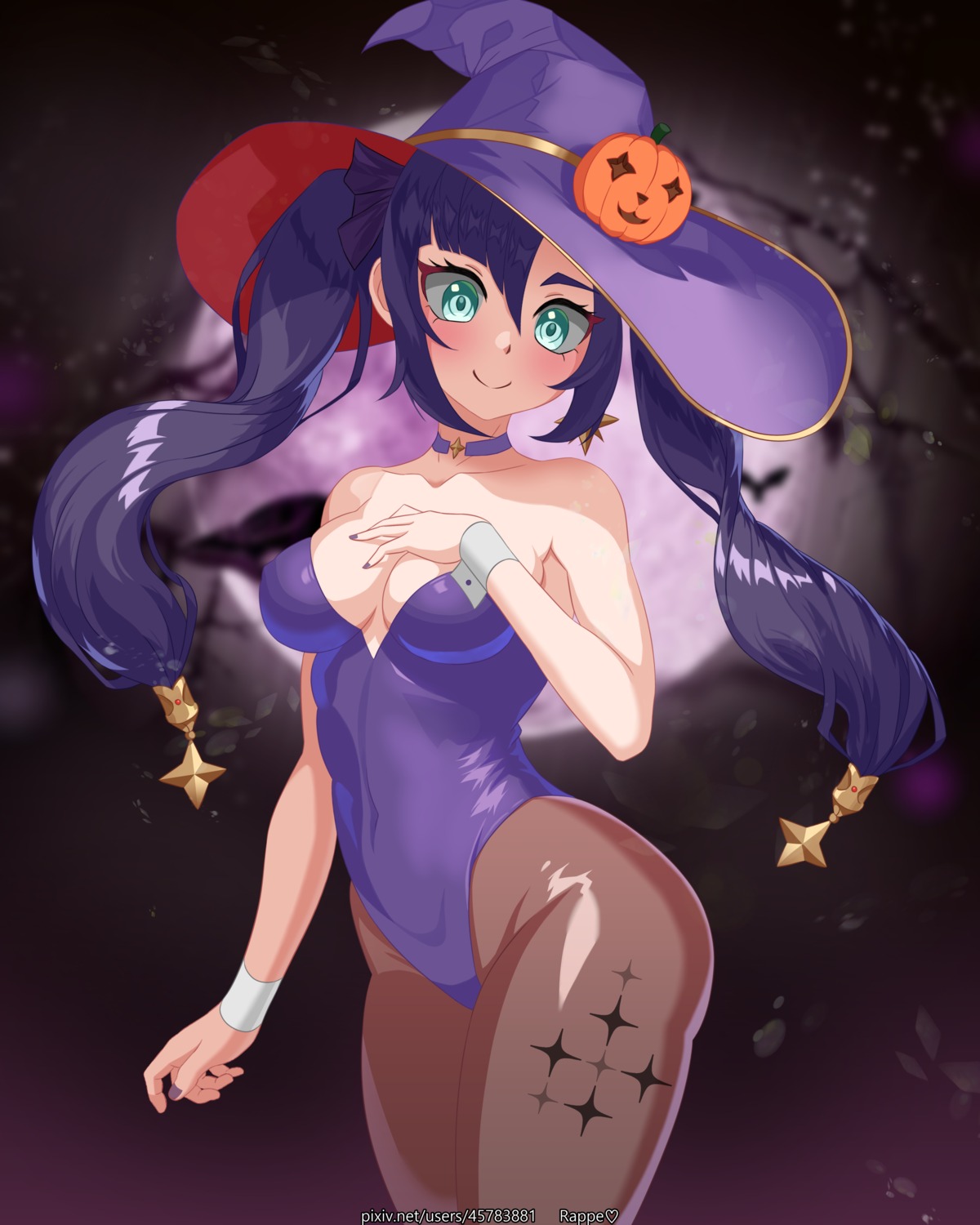 erect_nipples genshin_impact halloween leotard mona_megistus no_bra pantyhose rappe92 witch