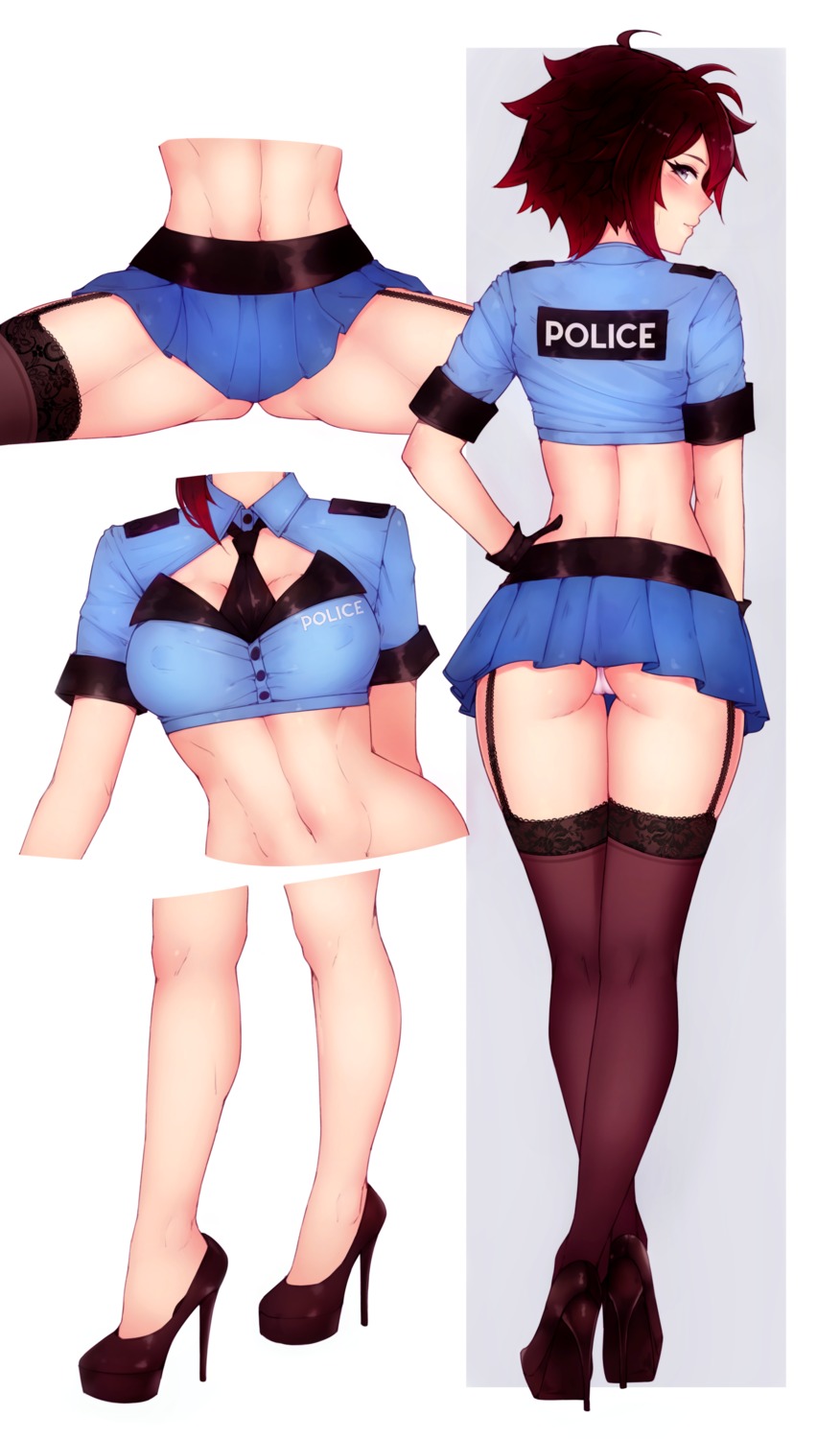 ass bluefield cameltoe heels pantsu police_uniform ruby_rose rwby skirt_lift stockings thighhighs