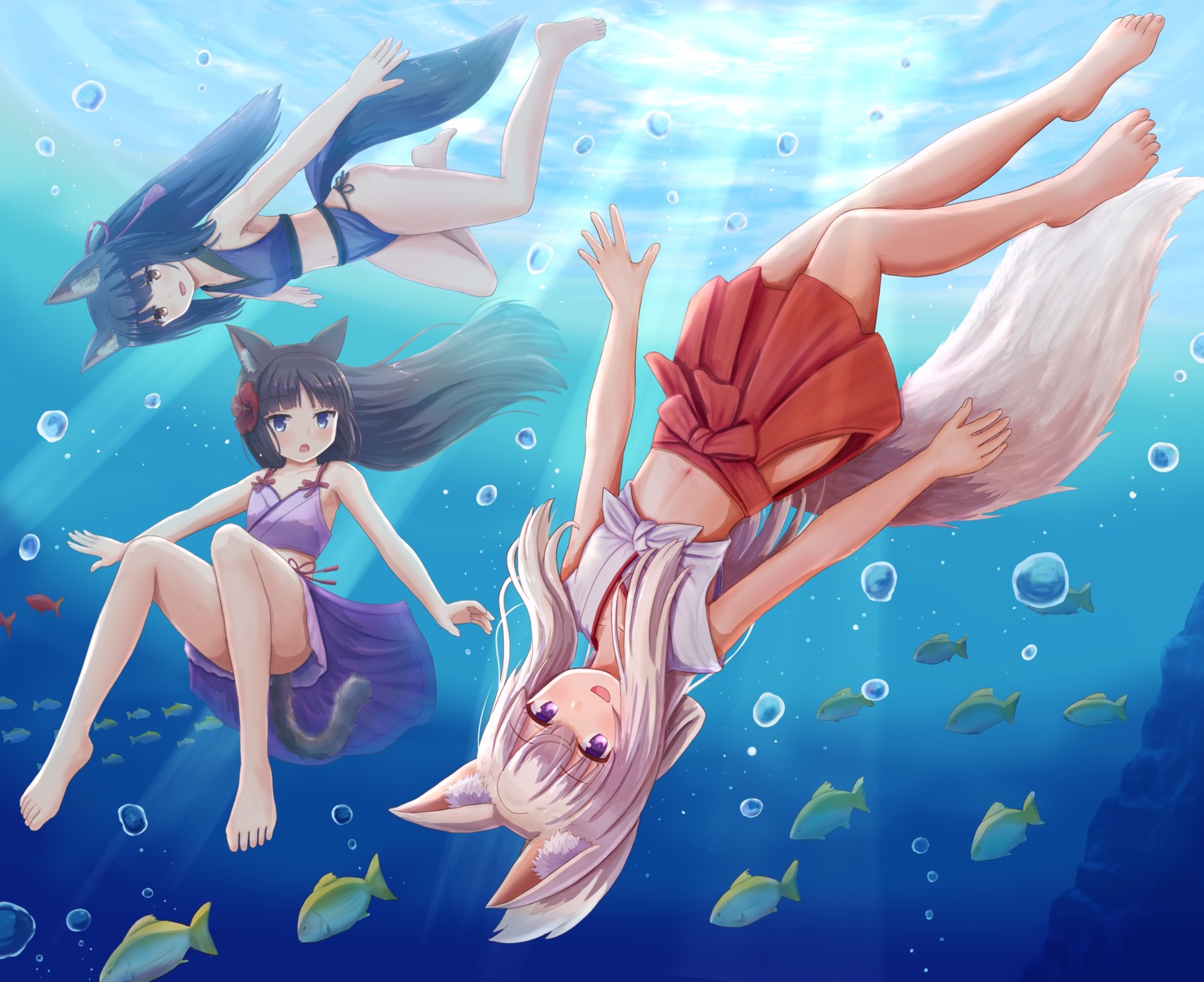 animal_ears bikini iroha_(iroha_matsurika) kitsune miko nekomimi shirt_lift skirt_lift swimsuits tail