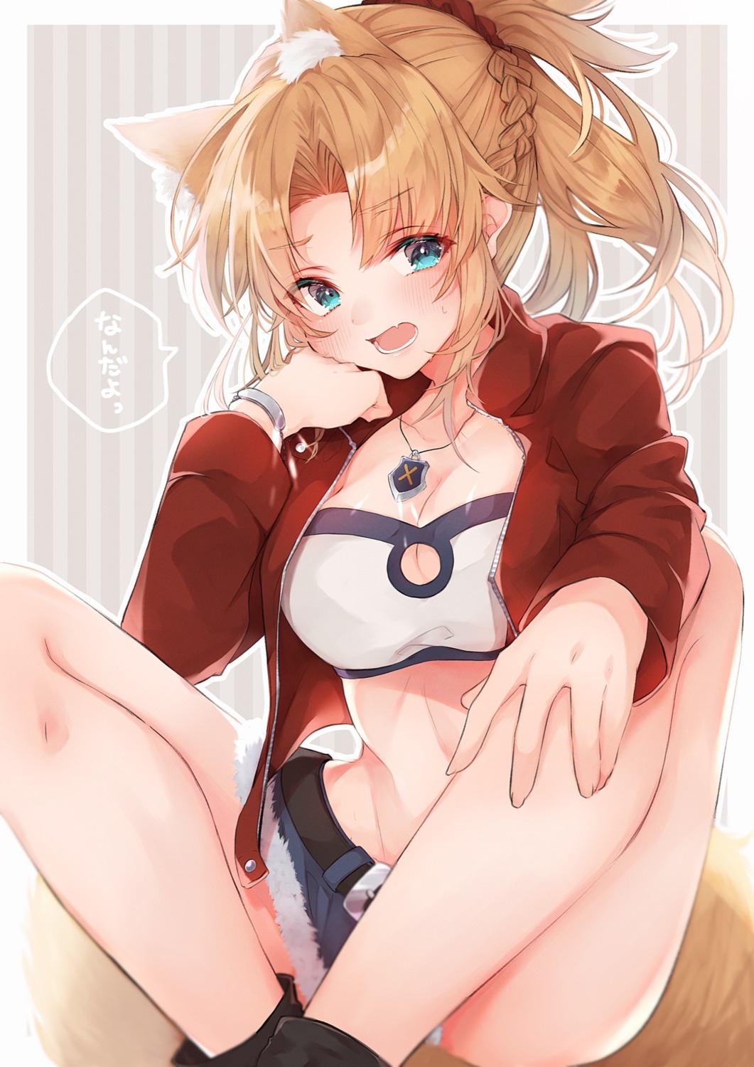 animal_ears bra cleavage fate/grand_order mordred_(fate) open_shirt tail takochan77