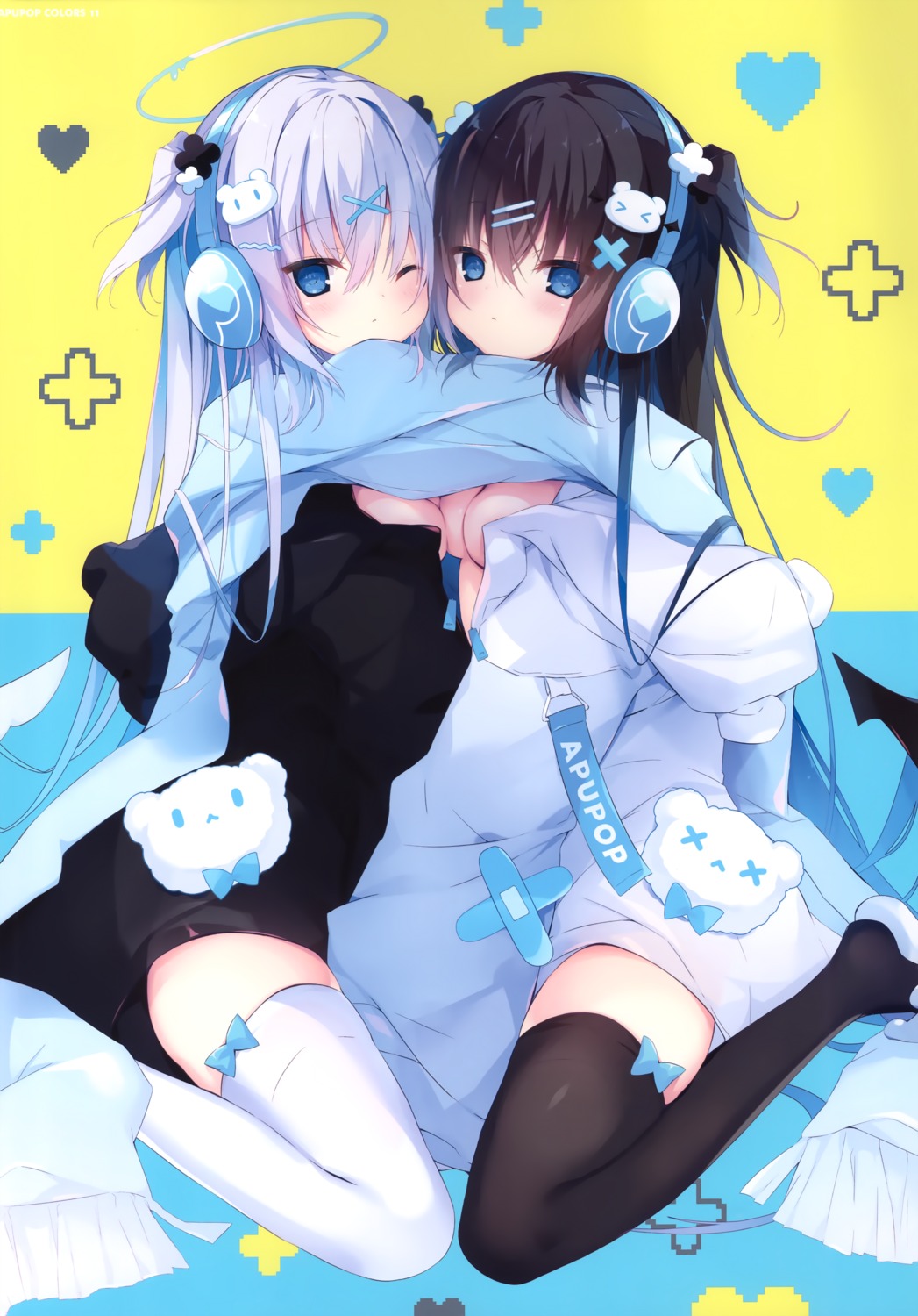 aisu_mint apupop bandaid breasts halo headphones loli muku_(apupop) no_bra open_shirt symmetrical_docking thighhighs wings