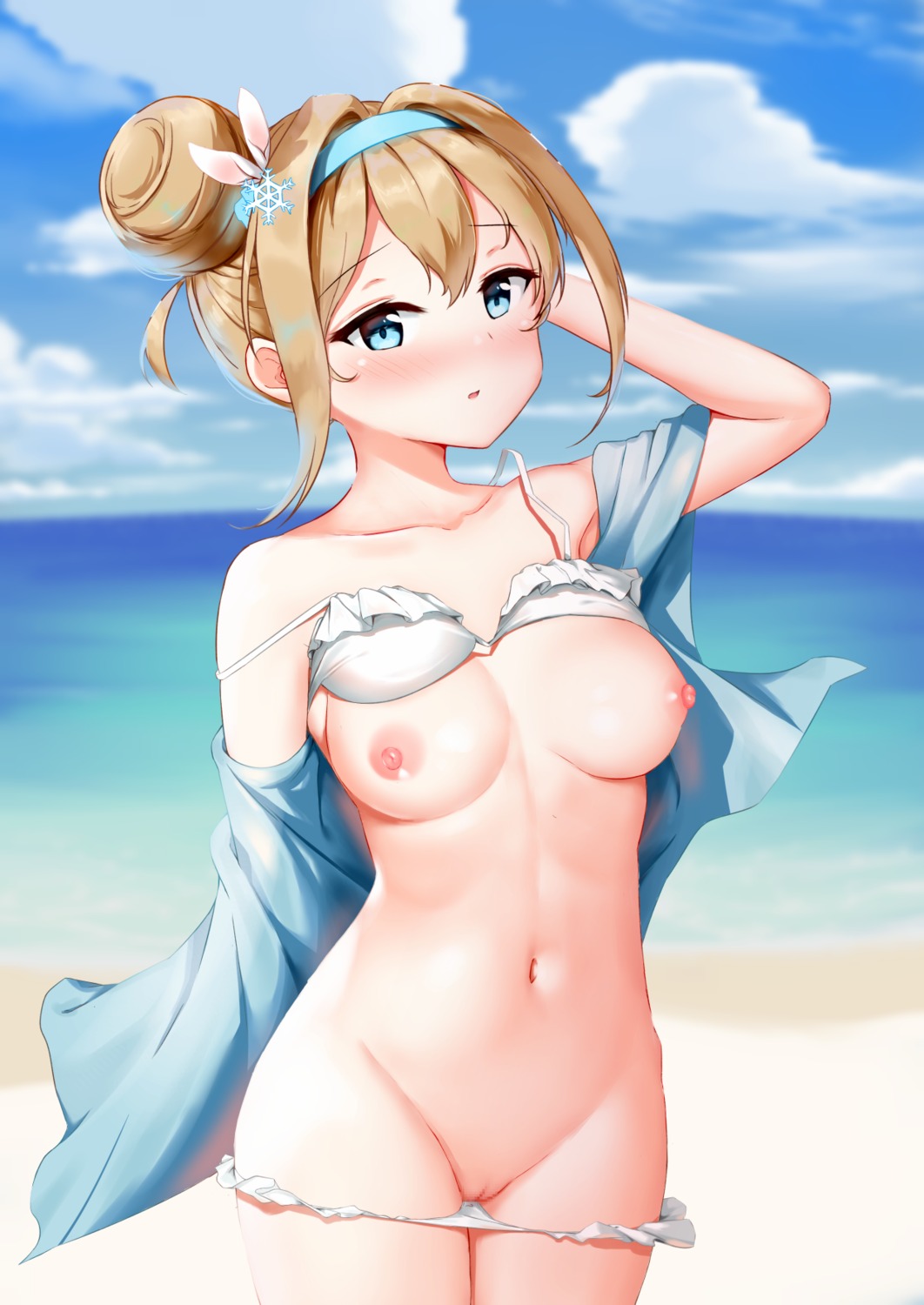 breasts censored girls_frontline nipples open_shirt panty_pull pussy suomi_kp31_(girls_frontline) swimsuits white_clover_(unfy8472)