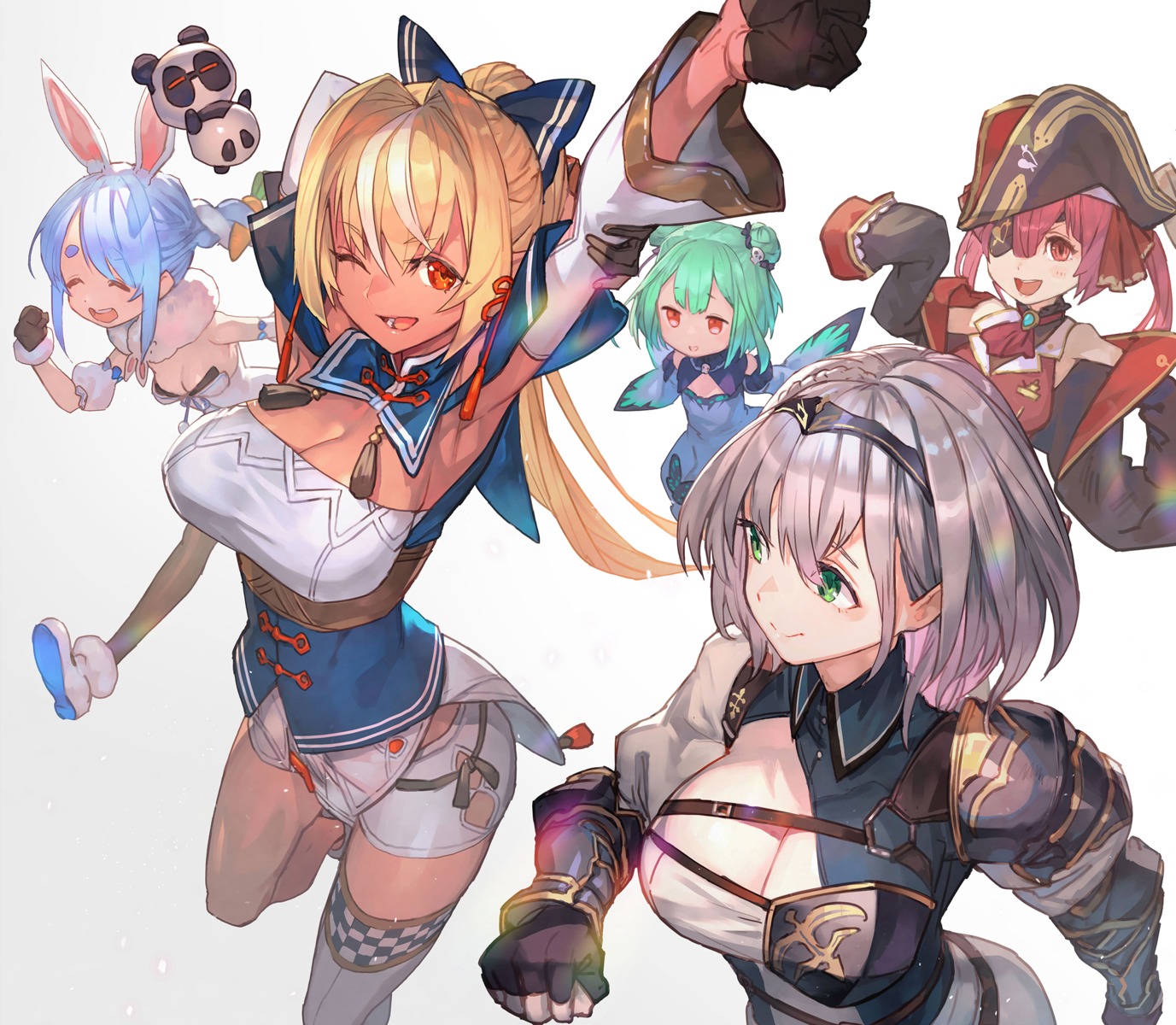 animal_ears armor bra bunny_ears bunny_girl cleavage dress eyepatch hololive houshou_marine lack no_bra pirate shiranui_flare shirogane_noel thighhighs uruha_rushia usada_pekora