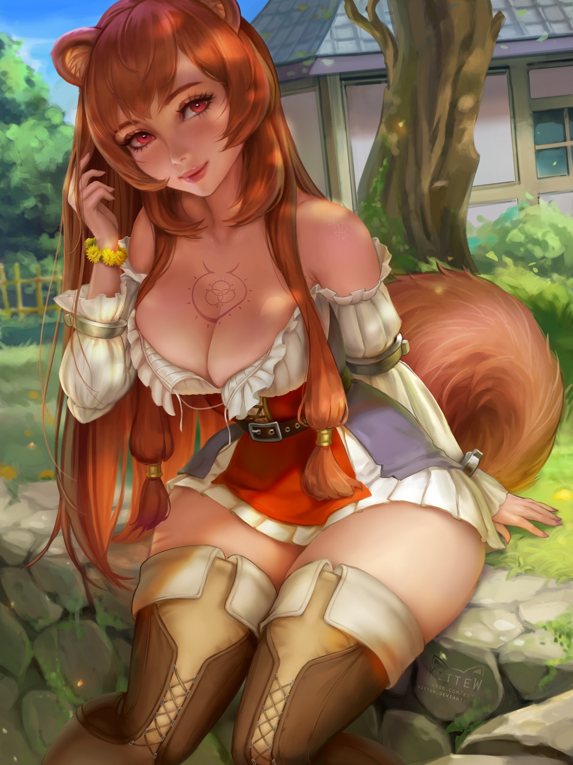 animal_ears daria_leonova no_bra open_shirt raphtalia tail tate_no_yuusha_no_nariagari tattoo thighhighs