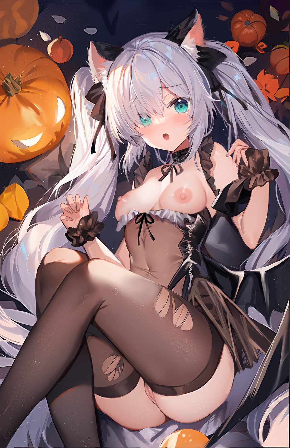 animal_ears azur_lane breasts halloween janus_(azur_lane) leotard nekomimi nipples no_bra pussy see_through shanguier thighhighs torn_clothes uncensored wings