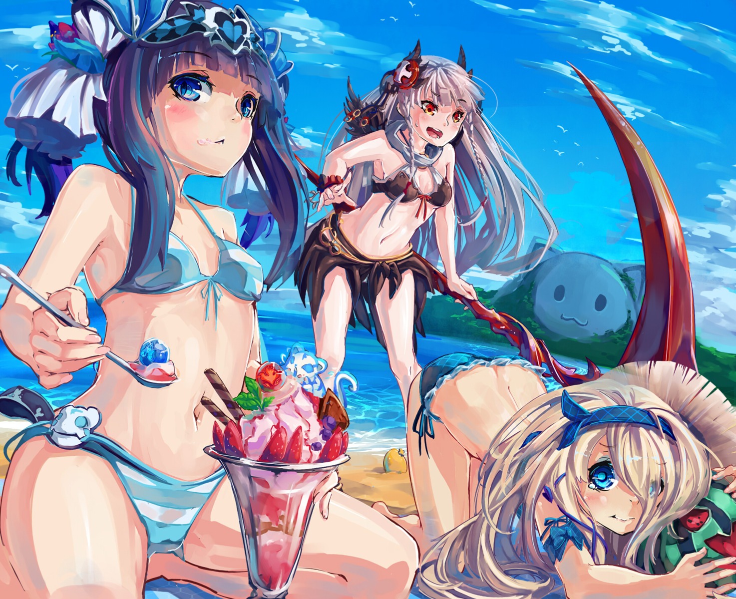 bikini cleavage haku_(puzzle_&_dragons) kurokitsune kyubey pandora_(puzzle_&_dragons) puzzle_&_dragons swimsuits underboob valkyrie_(p&d) weapon wings