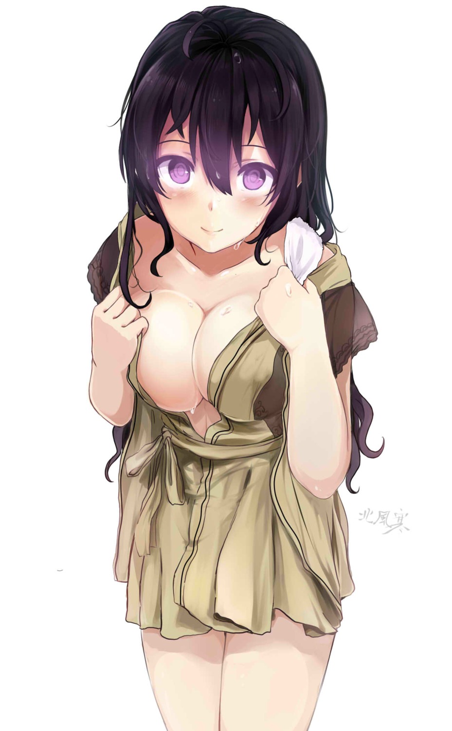 beifeng_han cleavage dress jpeg_artifacts miyaura_sanshio no_bra open_shirt undressing wet