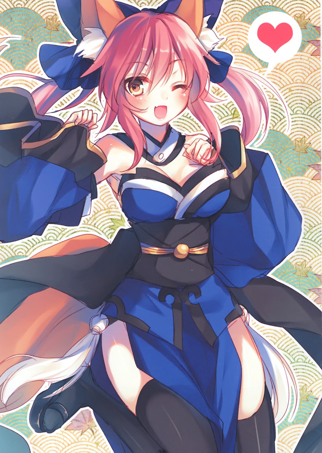 alicesyndrome* animal_ears cleavage fate/grand_order japanese_clothes tail tamamo_no_mae thighhighs toosaka_asagi