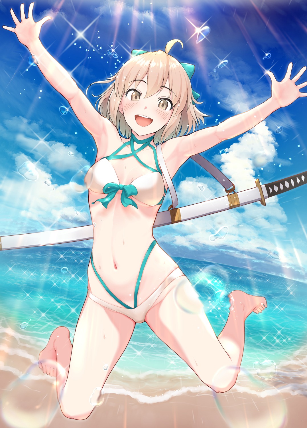 bikini cleavage fate/grand_order kozuka_yasushi okita_souji_(fate) swimsuits sword wet