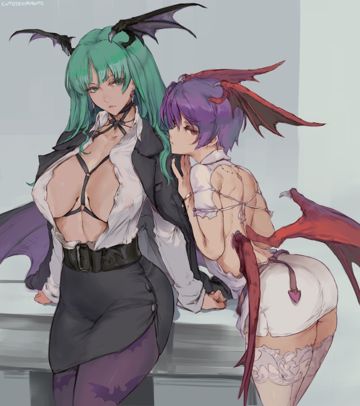 areola ass business_suit cutesexyrobutts dark_stalkers erect_nipples lilith_aensland morrigan_aensland no_bra open_shirt pantyhose see_through thighhighs wings