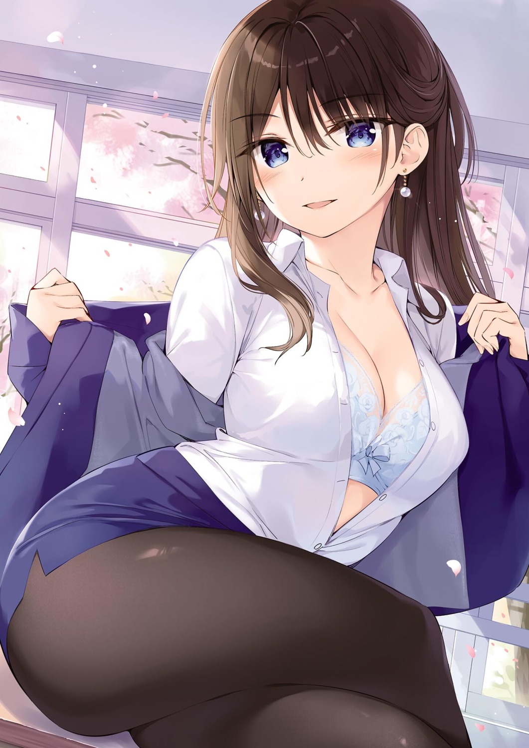 boku_no_kanojo_sensei bra business_suit cleavage fujiki_maka open_shirt oryou pantyhose skirt_lift undressing