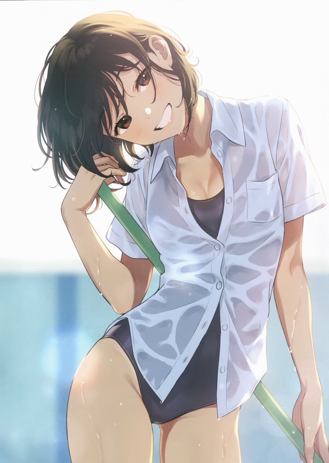 canvas_(morikura_en) cleavage dress_shirt morikura_en school_swimsuit see_through seifuku swimsuits wet wet_clothes