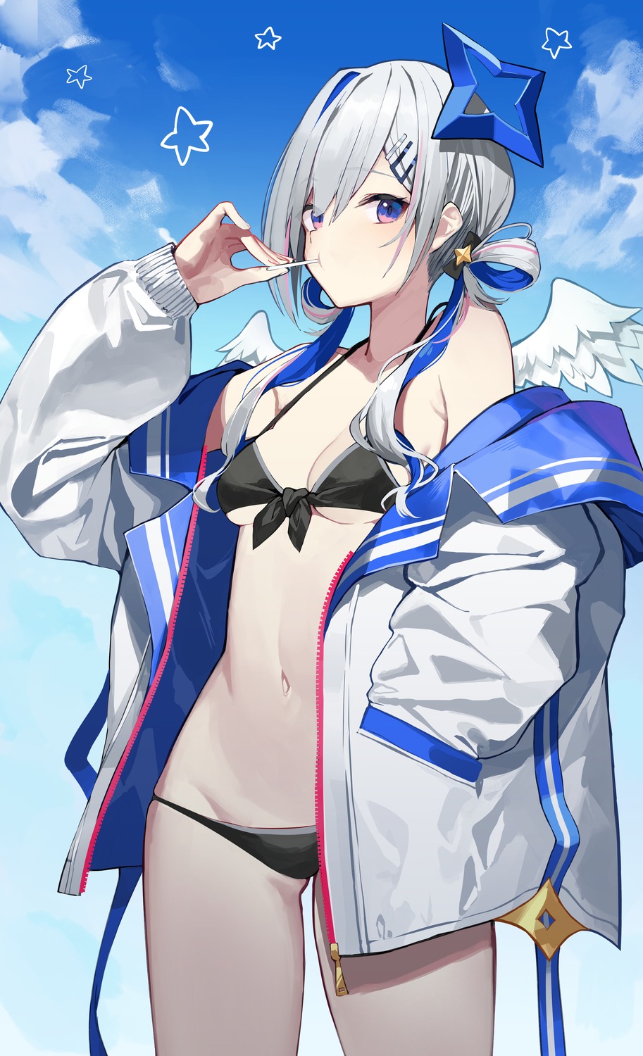 amagasa_yun amane_kanata angel bikini hololive open_shirt swimsuits wings