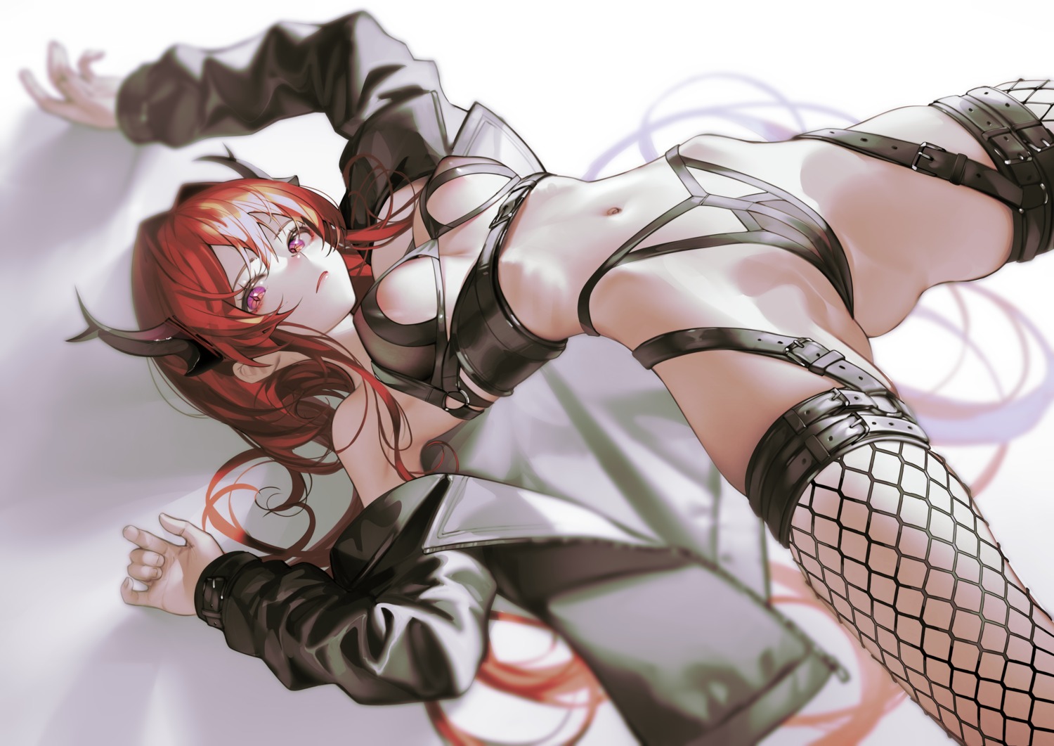 areola arknights fishnets horns iumu no_bra pantsu see_through stockings surtr_(arknights) thighhighs thong