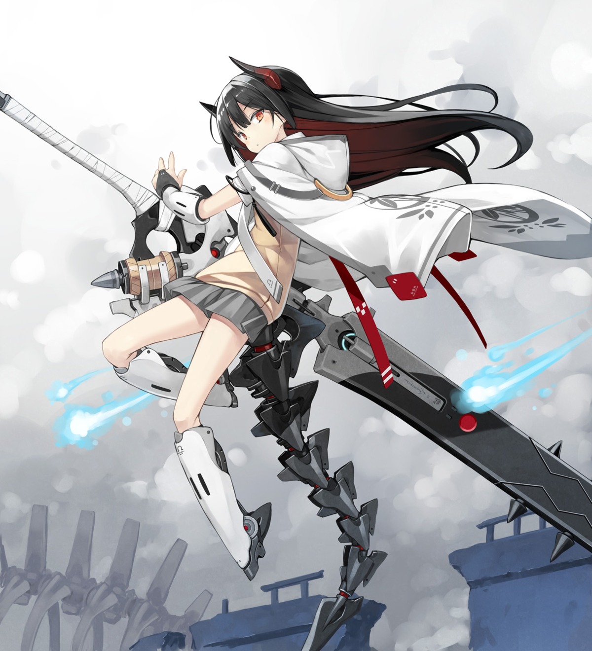 animal_ears bandages horns mecha_musume poco seifuku skirt_lift sweater sword tail