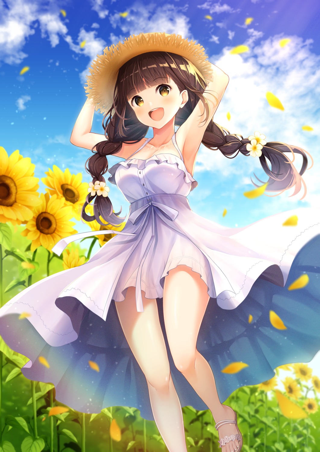 cleavage dress koki_(latte1023) no_bra skirt_lift summer_dress