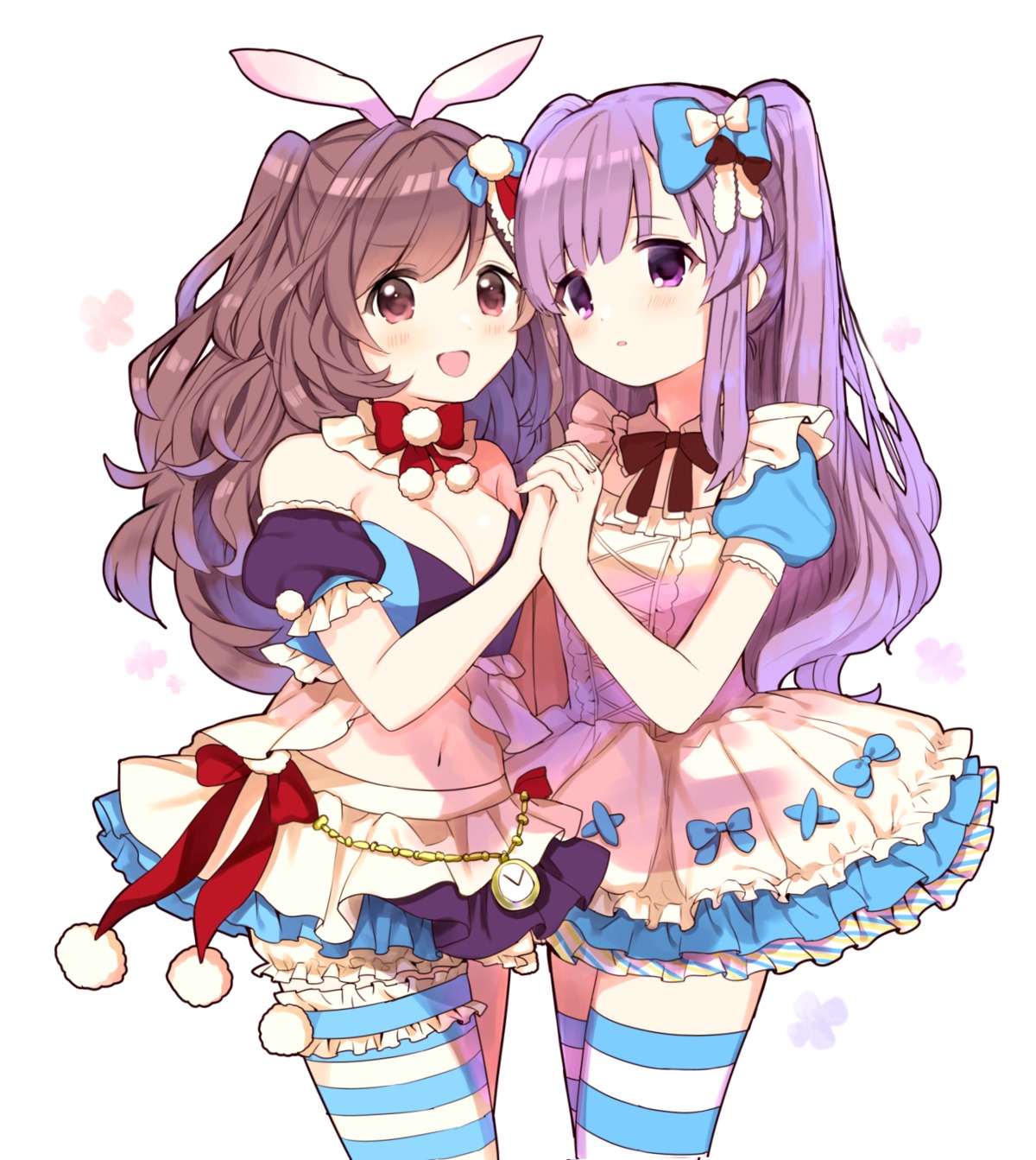 alice alice_in_wonderland animal_ears bunny_ears caracorn cleavage cosplay dress garter the_idolm@ster the_idolm@ster_shiny_colors thighhighs tsukioka_kogane yuukoku_kiriko