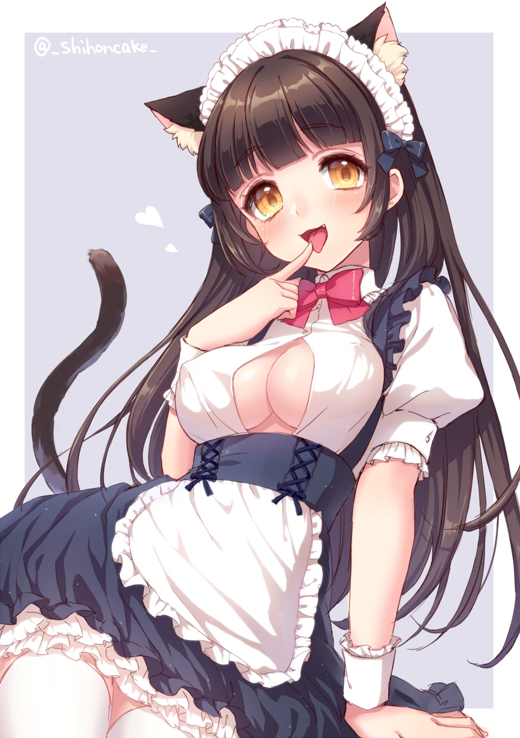 animal_ears cleavage erect_nipples maid nekomimi no_bra open_shirt sakura_shiho tail thighhighs