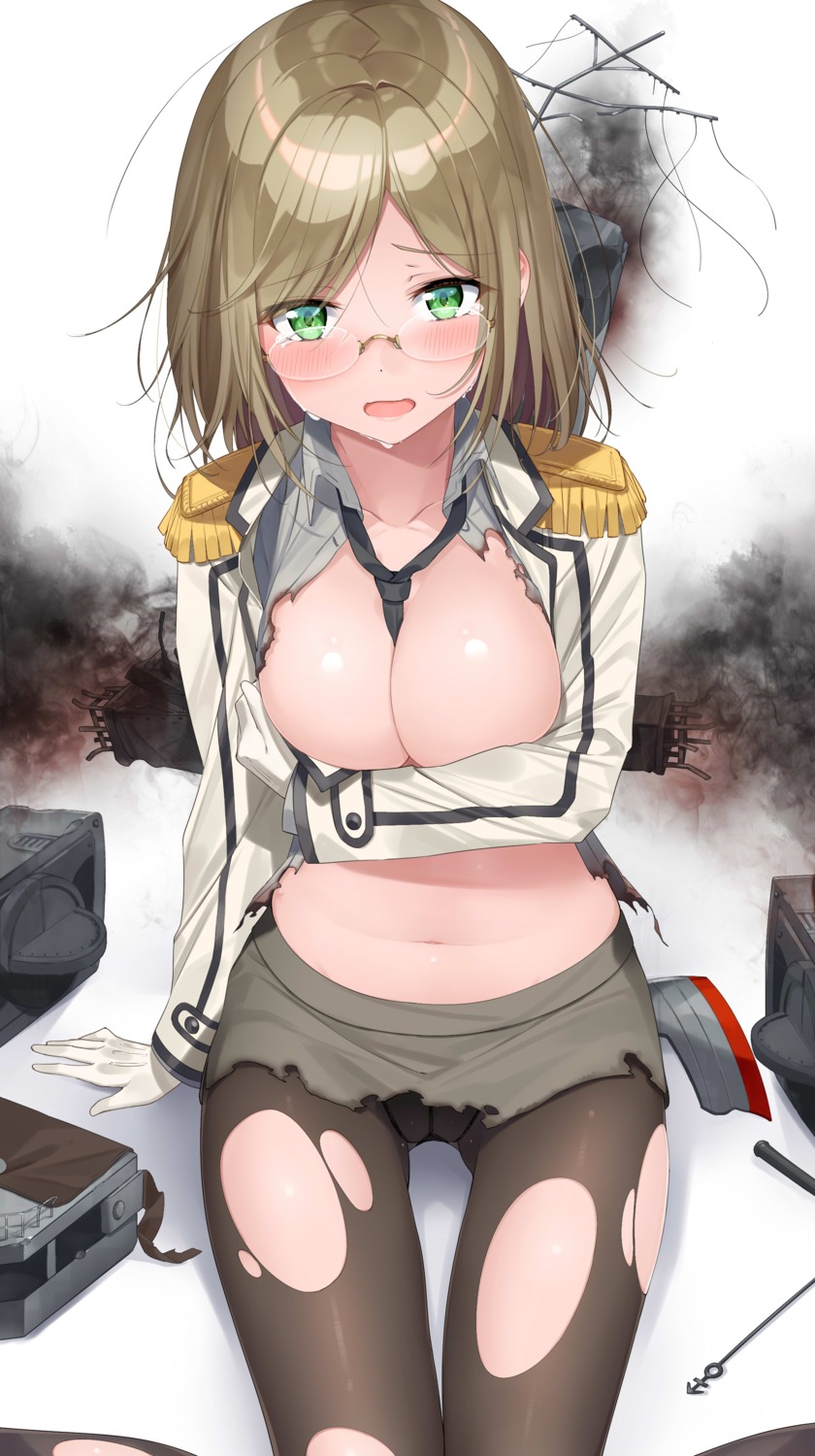 breast_hold breasts kantai_collection katori_(kancolle) megane nezumi_doshi no_bra open_shirt pantsu pantyhose torn_clothes uniform