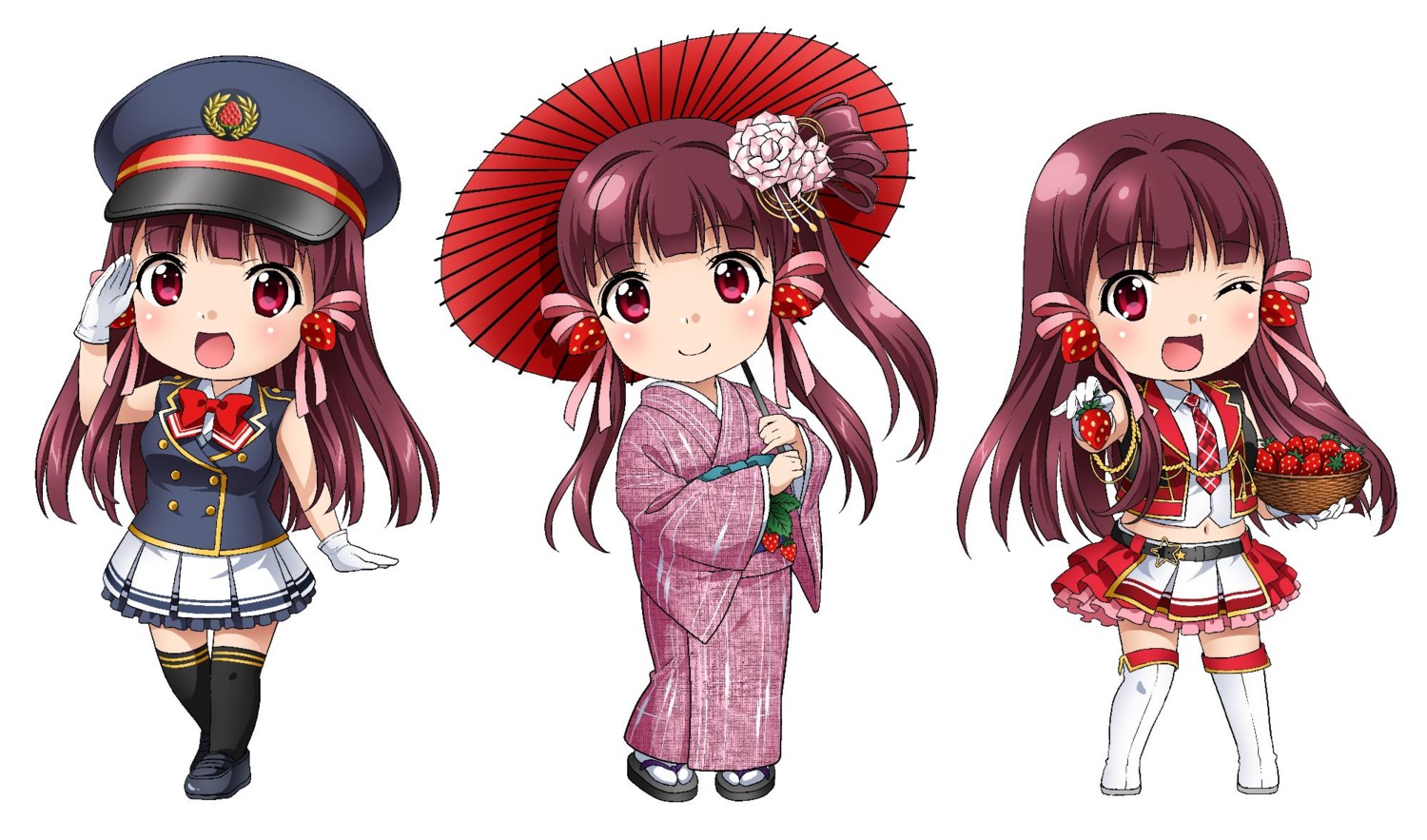 chibi haruzaki_nonoka itsuki_sayaka kimono marronni_yell thighhighs umbrella uniform