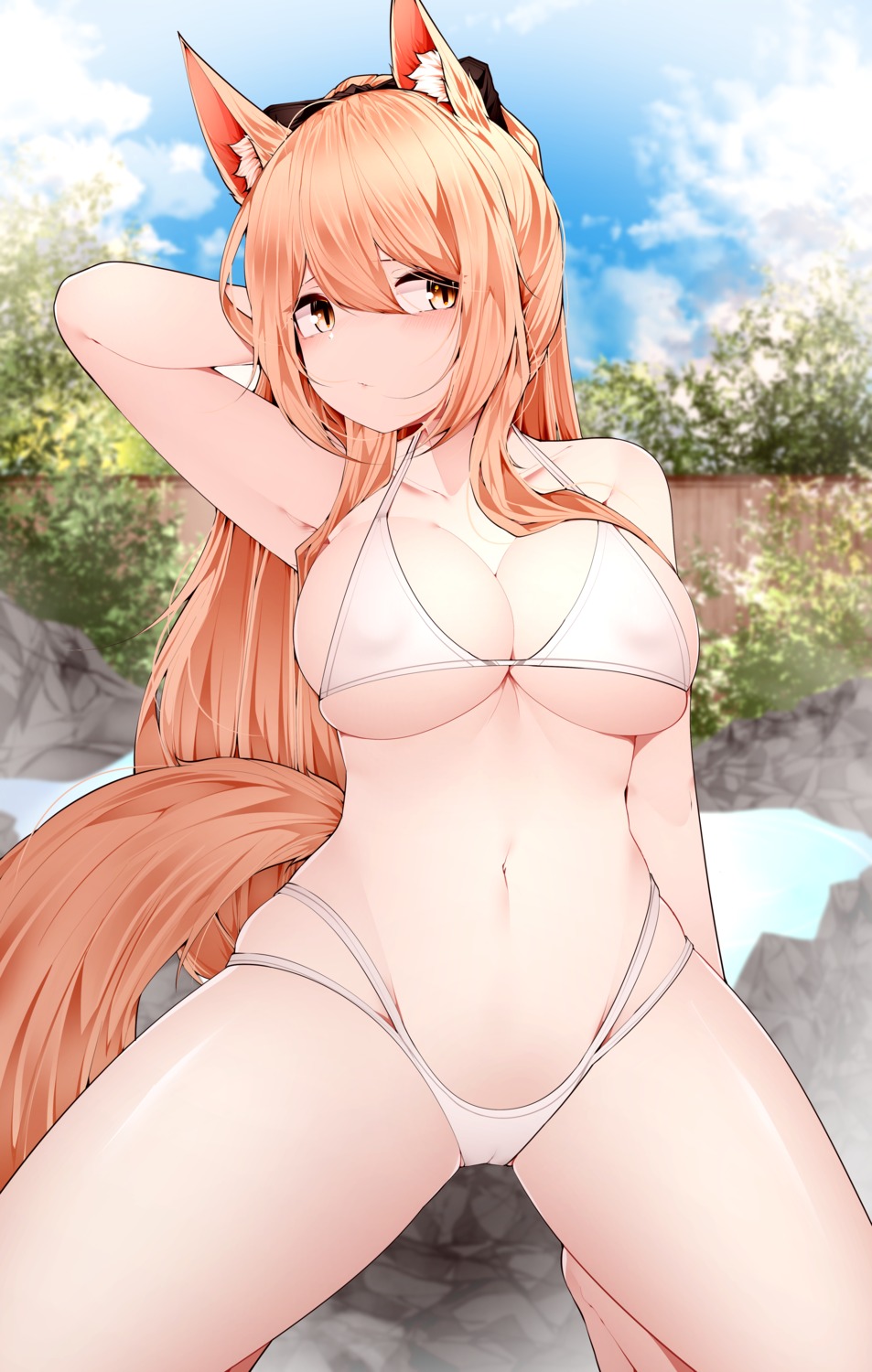 animal_ears arknights bikini blemishine_(arknights) cameltoe erect_nipples onsen samip swimsuits tail