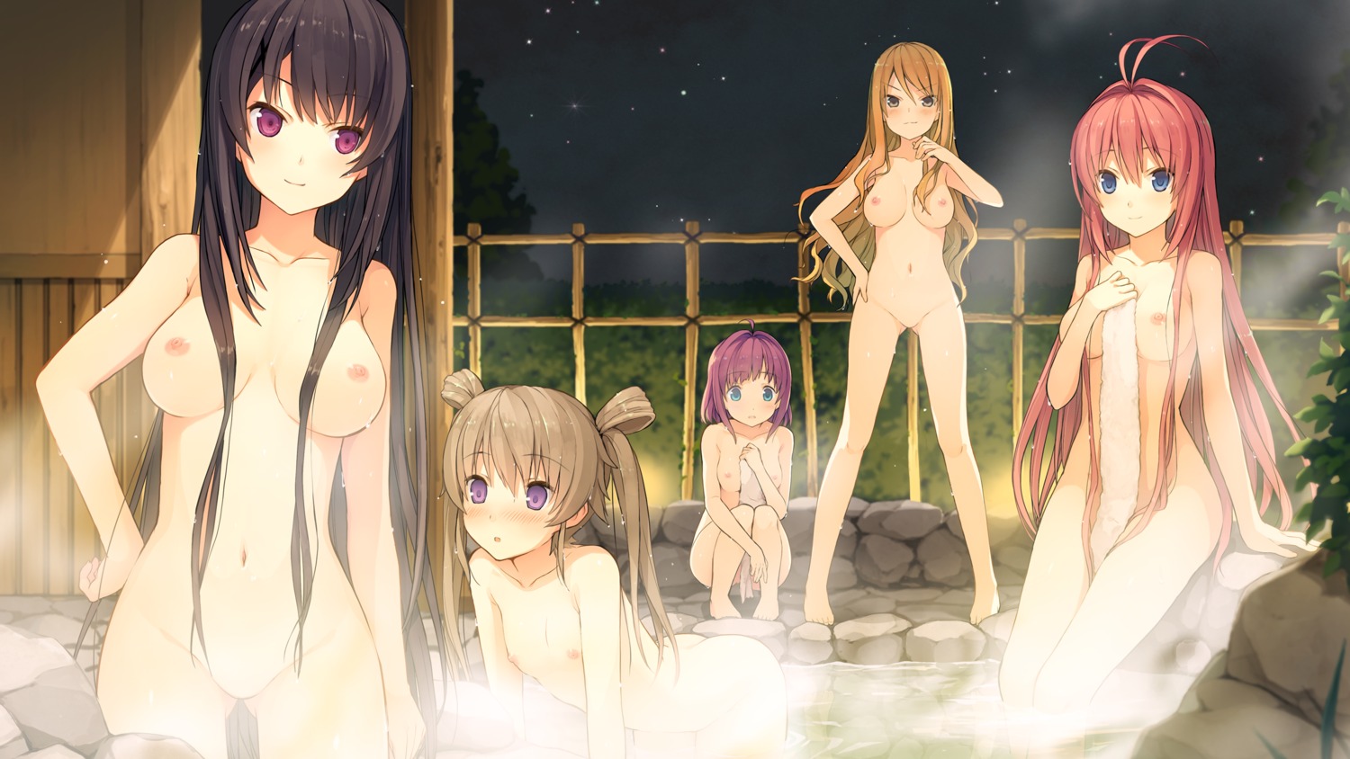 ao_no_kanata_no_four_rhythm arisaka_mashiro bathing breast_hold game_cg ichinose_rika kurashina_asuka loli naked nipples onsen satouin_reiko sprite suzumori tobisawa_misaki towel wet