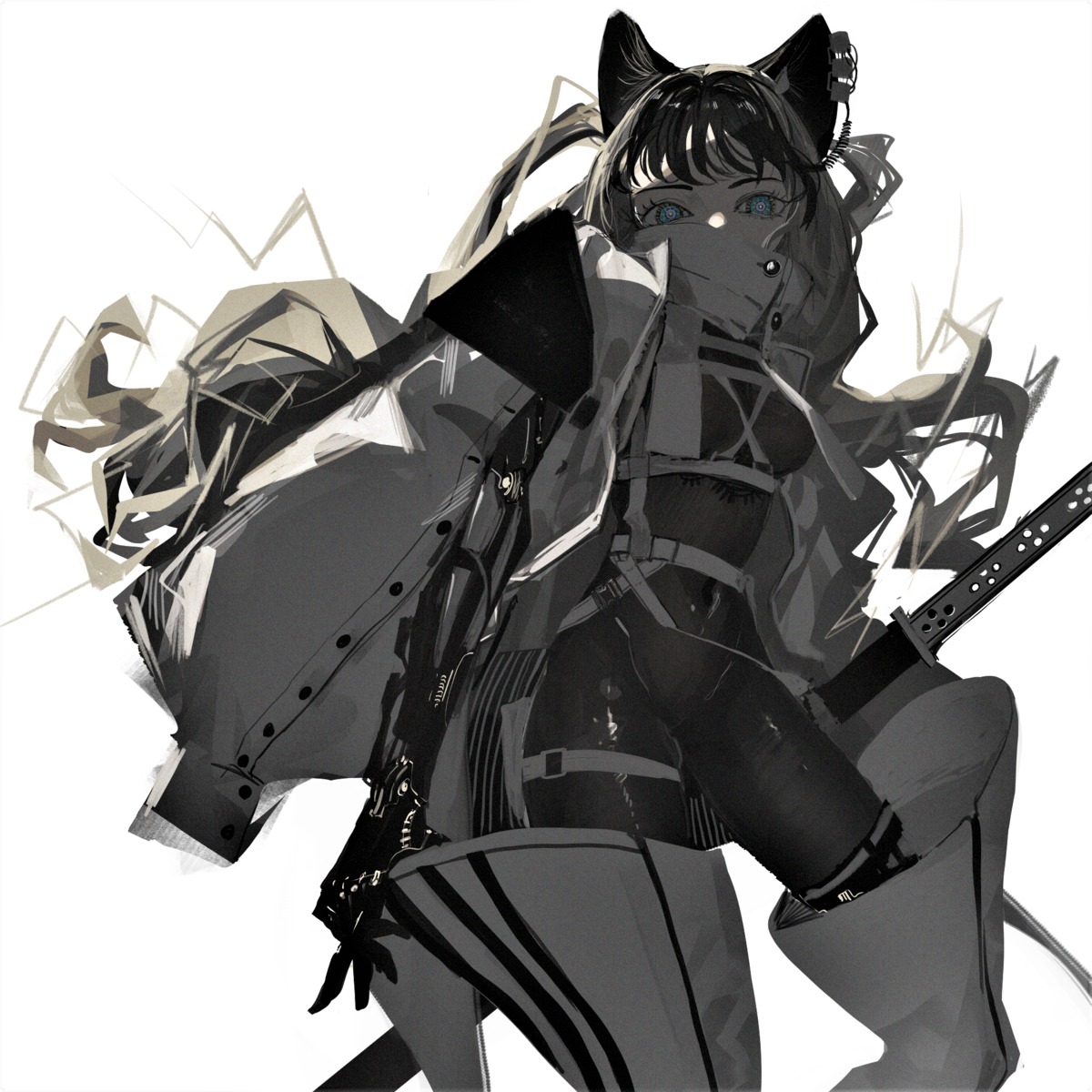 animal_ears japanese_clothes monochrome naruwe sword