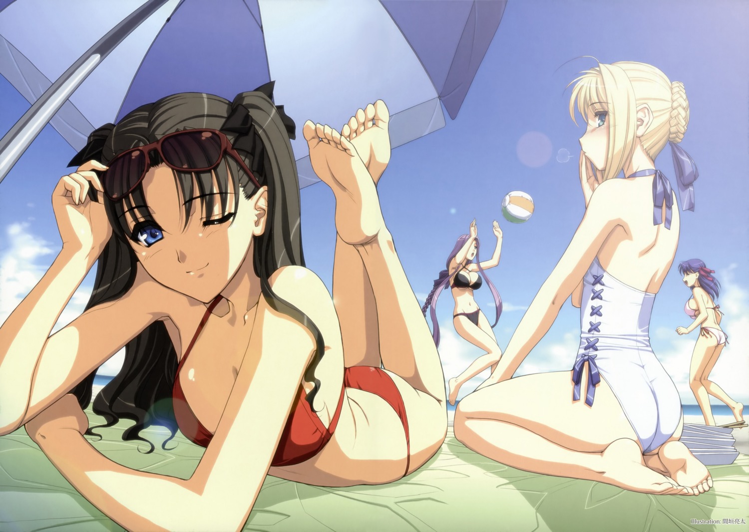 ass bikini cleavage fate/stay_night feet magaki_ryouta matou_sakura rider saber swimsuits toosaka_rin