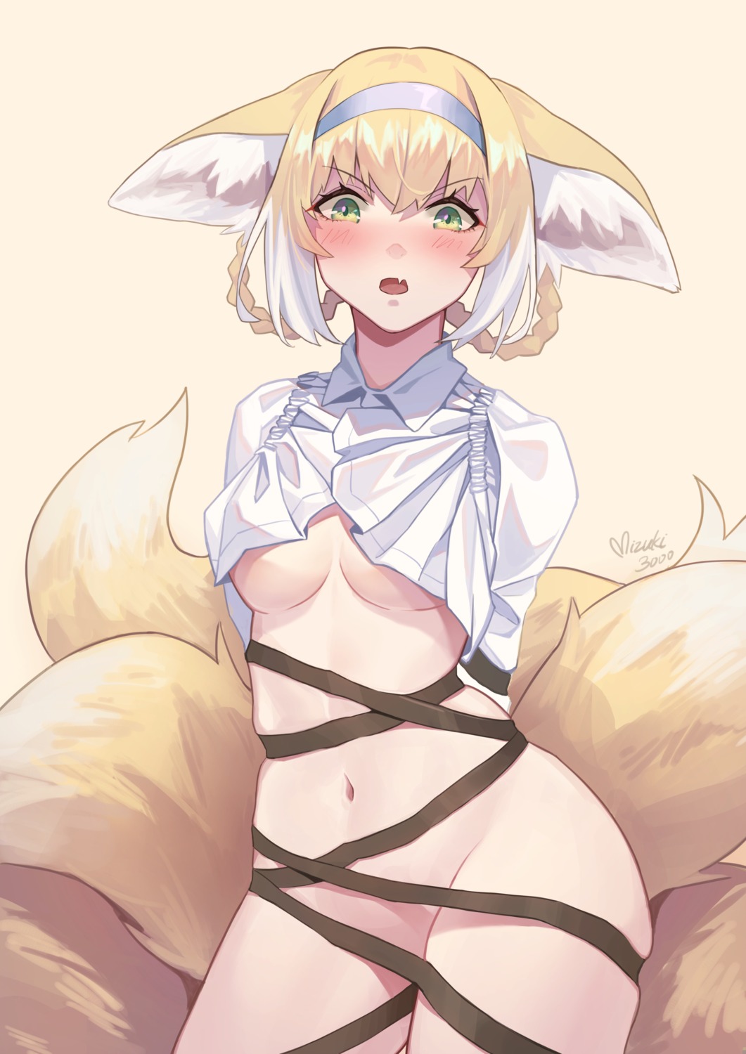 animal_ears arknights bondage bottomless kitsune no_bra suzuran_(arknights) tail underboob