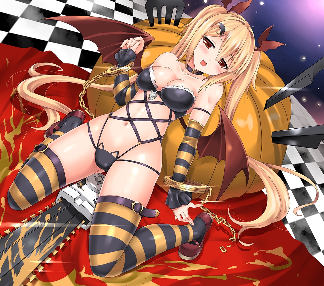 bra chainsaw cleavage devil halloween miyukirei pantsu thighhighs weapon wings