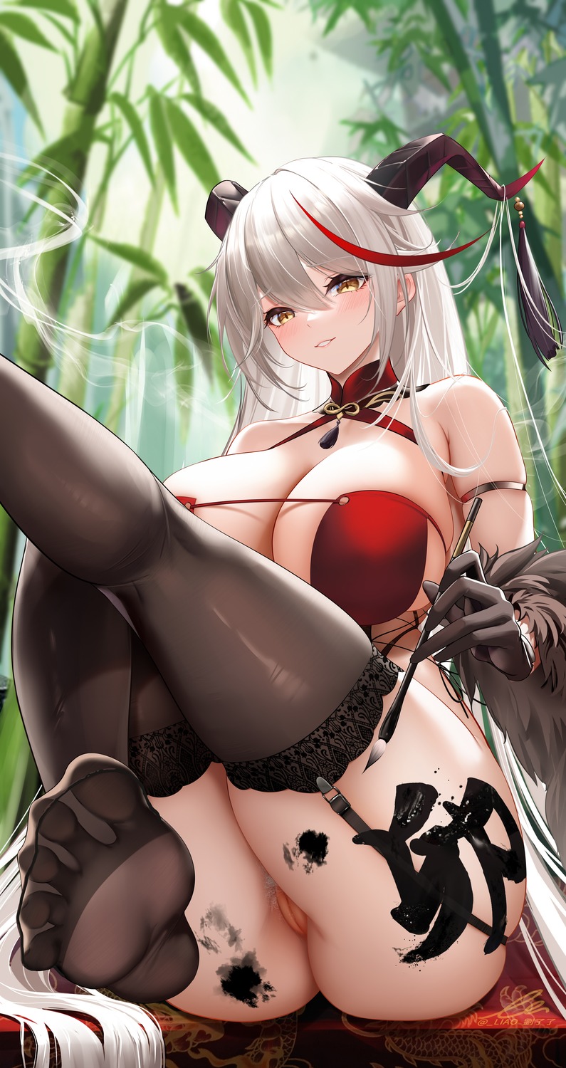 aegir_(azur_lane) azur_lane feet horns liu_liaoliao no_bra nopan pubic_hair pussy stockings thighhighs uncensored