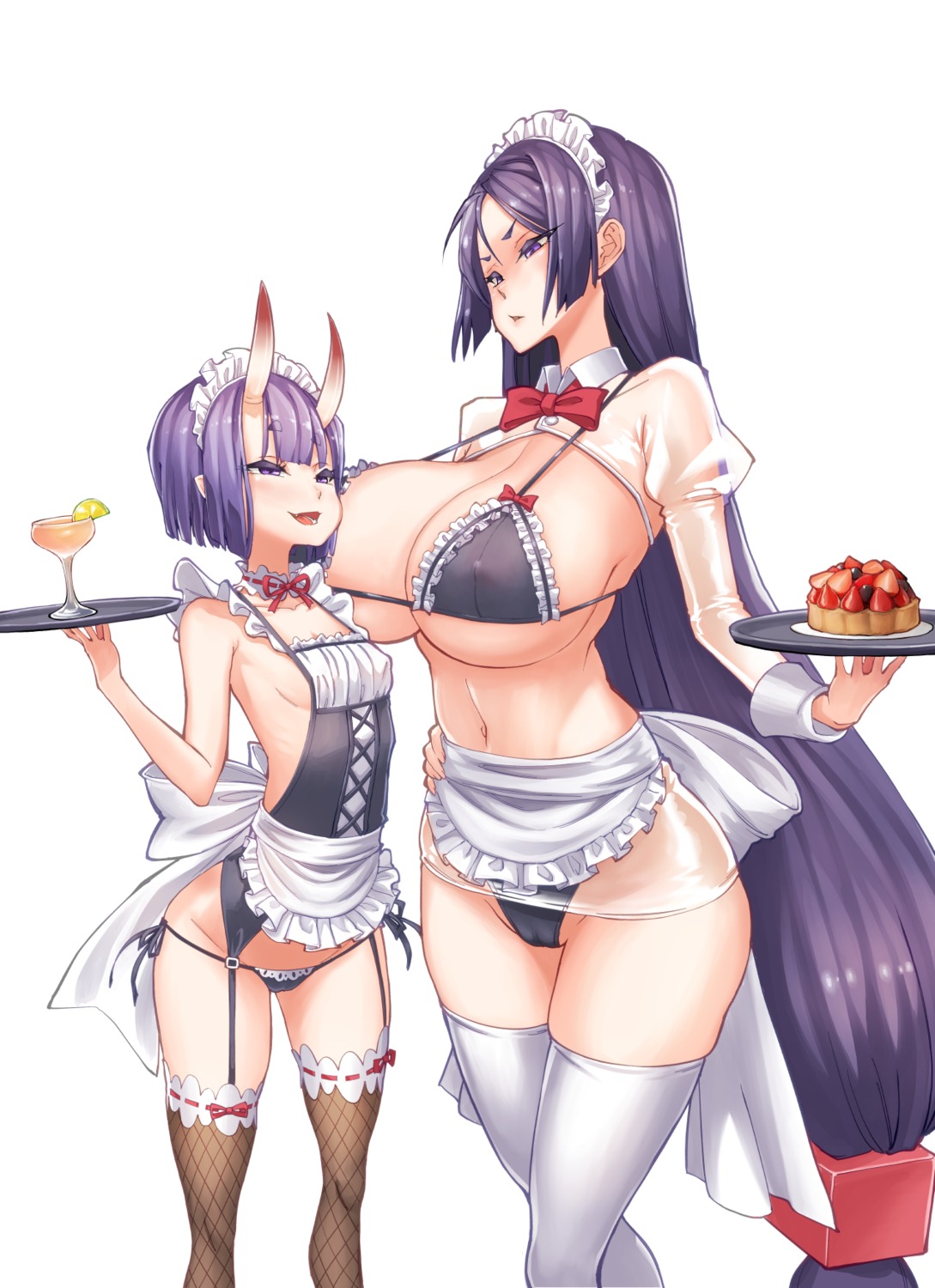 bra cameltoe erect_nipples fate/grand_order fishnets horns maid minamoto_no_raikou_(fate/grand_order) no_bra pantsu pointy_ears see_through shiro_ringo shuten_douji_(fate/grand_order) stockings string_panties thighhighs