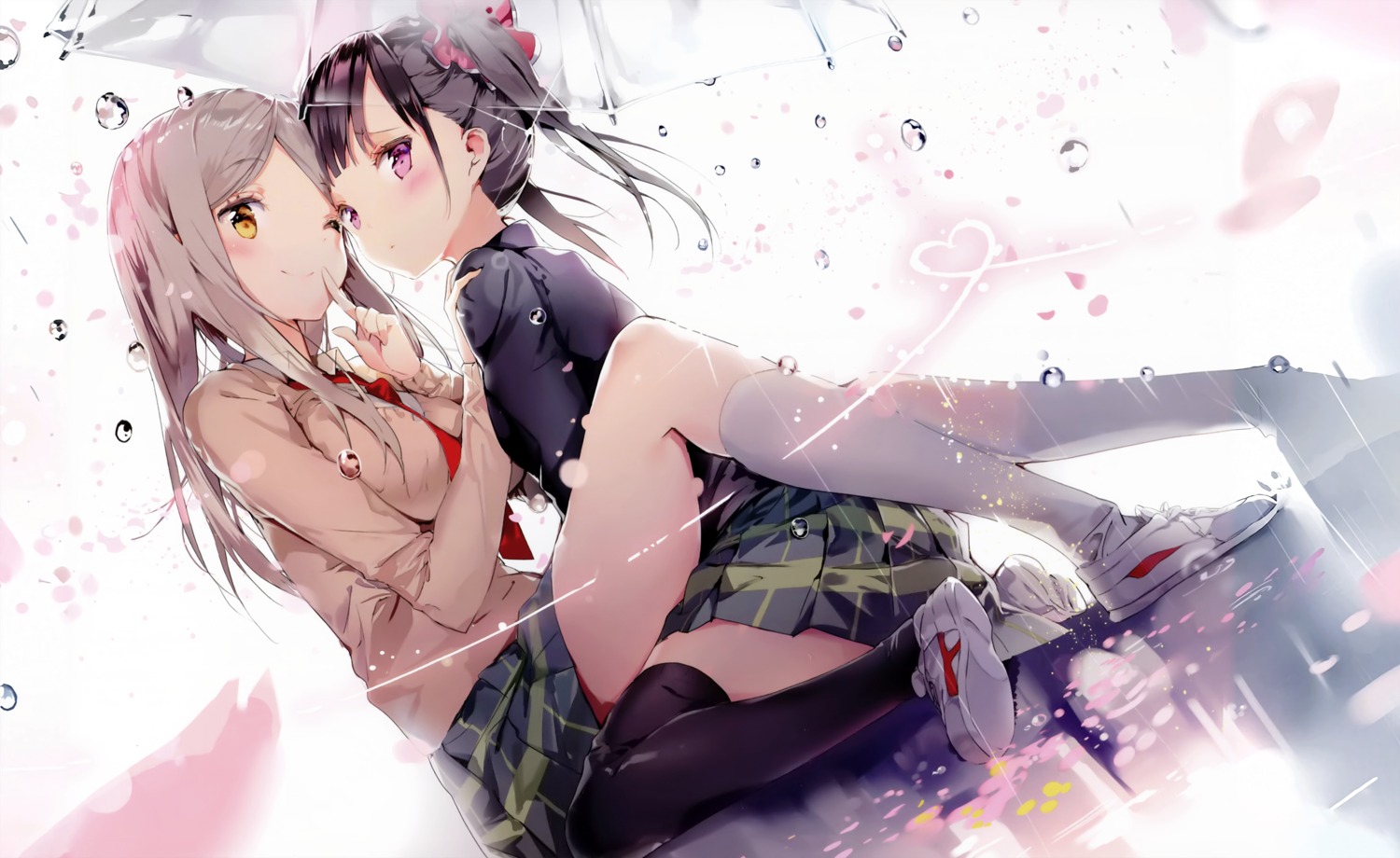 anmi endcard minami_shizuku noda_kotone sakura_trick seifuku sweater thighhighs umbrella yuri