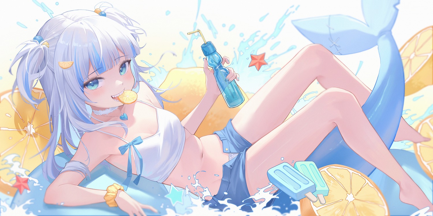 bra gawr_gura hololive hololive_english loli midori_xu pantsu tail wet