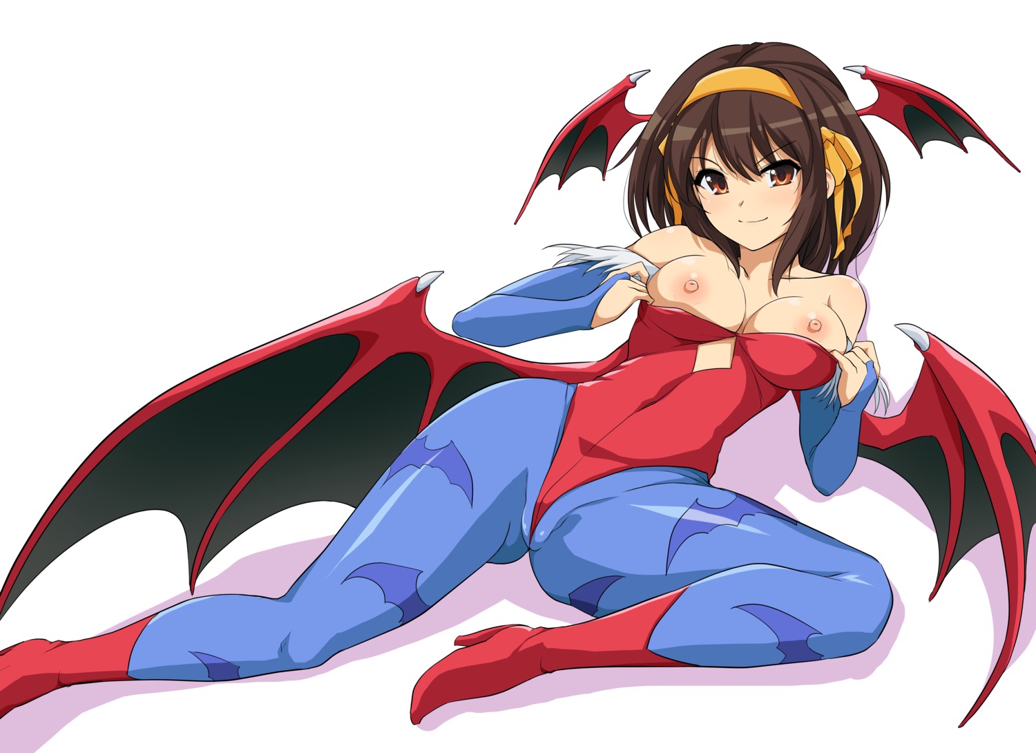 breasts cosplay dark_stalkers haruhisky heels leotard lilith_aensland nipples no_bra pantyhose suzumiya_haruhi suzumiya_haruhi_no_yuuutsu undressing wings